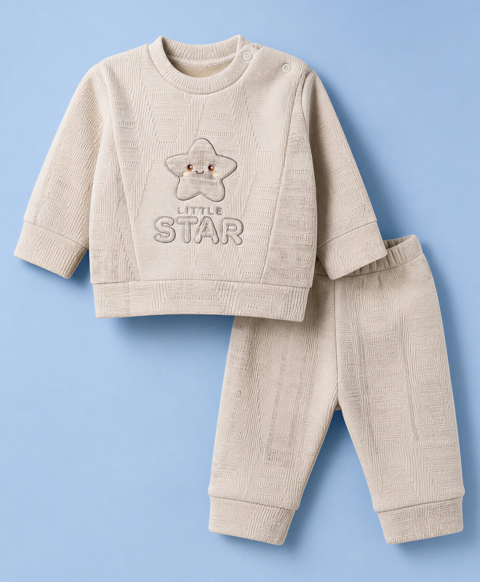 Mom's pet Fleece Knit Full Sleeves Star Embroidered Pre Winter Tee & Joggers Set - Beige-image-8