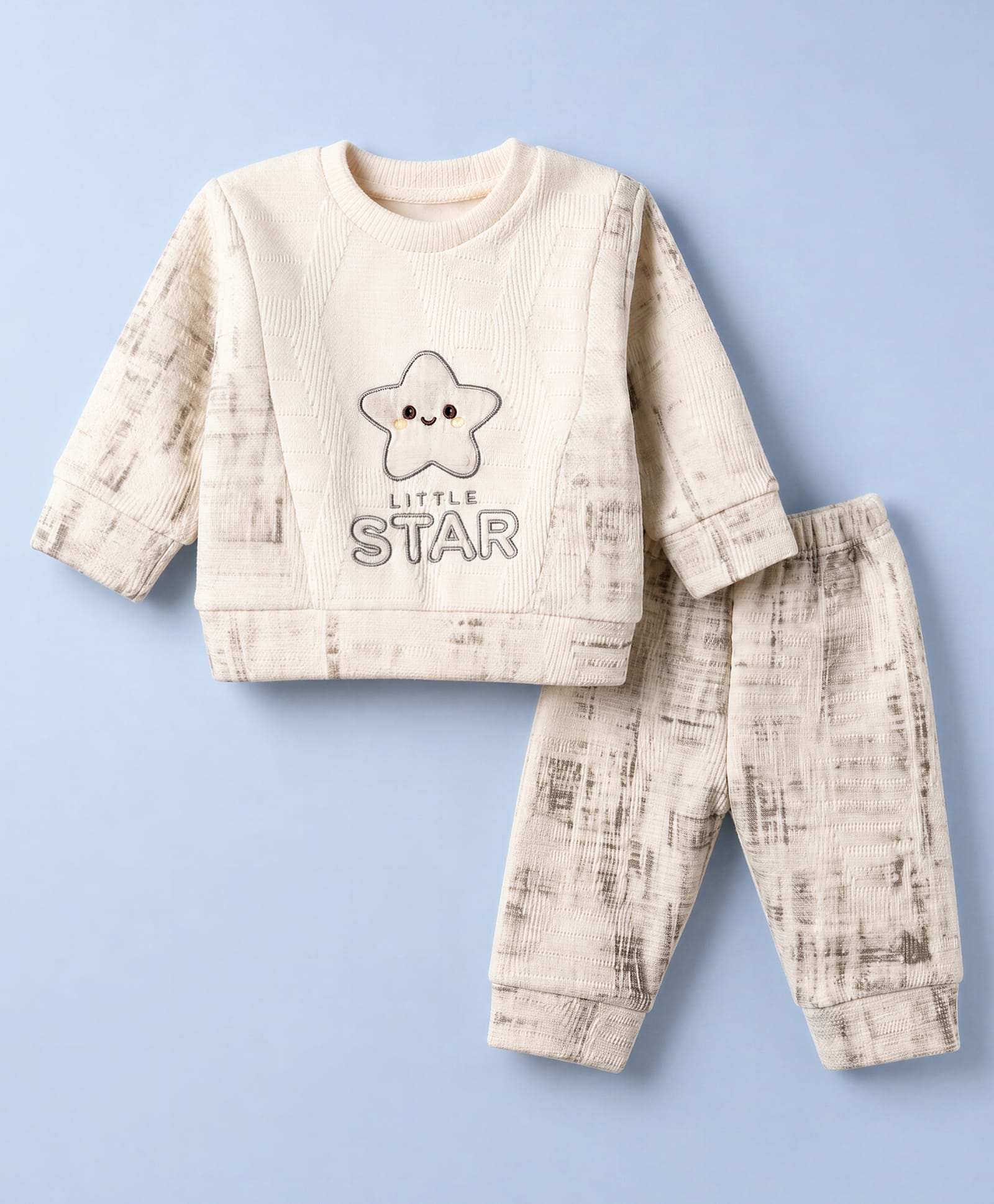 Mom's pet Fleece Knit Full Sleeves Star Embroidered Pre Winter Tee & Joggers Set - White-picture-20
