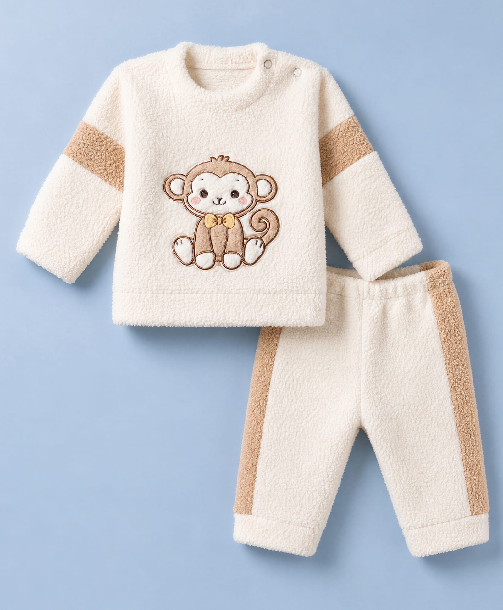 Mom's pet Fleece Knit Full Sleeves Monkey Embroidered Pre Winter Tee & Joggers Set - White-picture-41