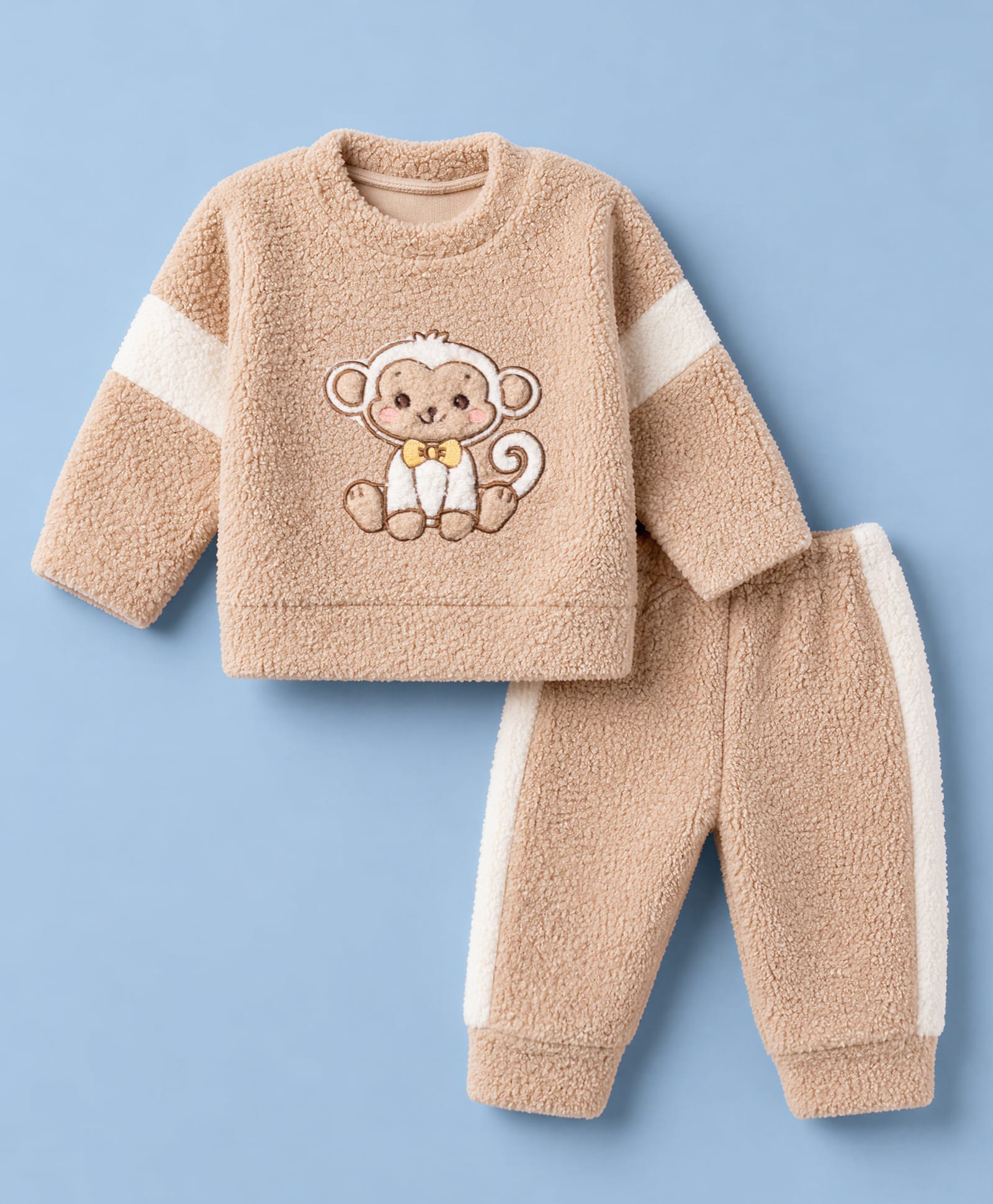 Mom's pet Fleece Knit Full Sleeves Monkey Embroidered Pre Winter Tee & Joggers Set - Brown-picture-4