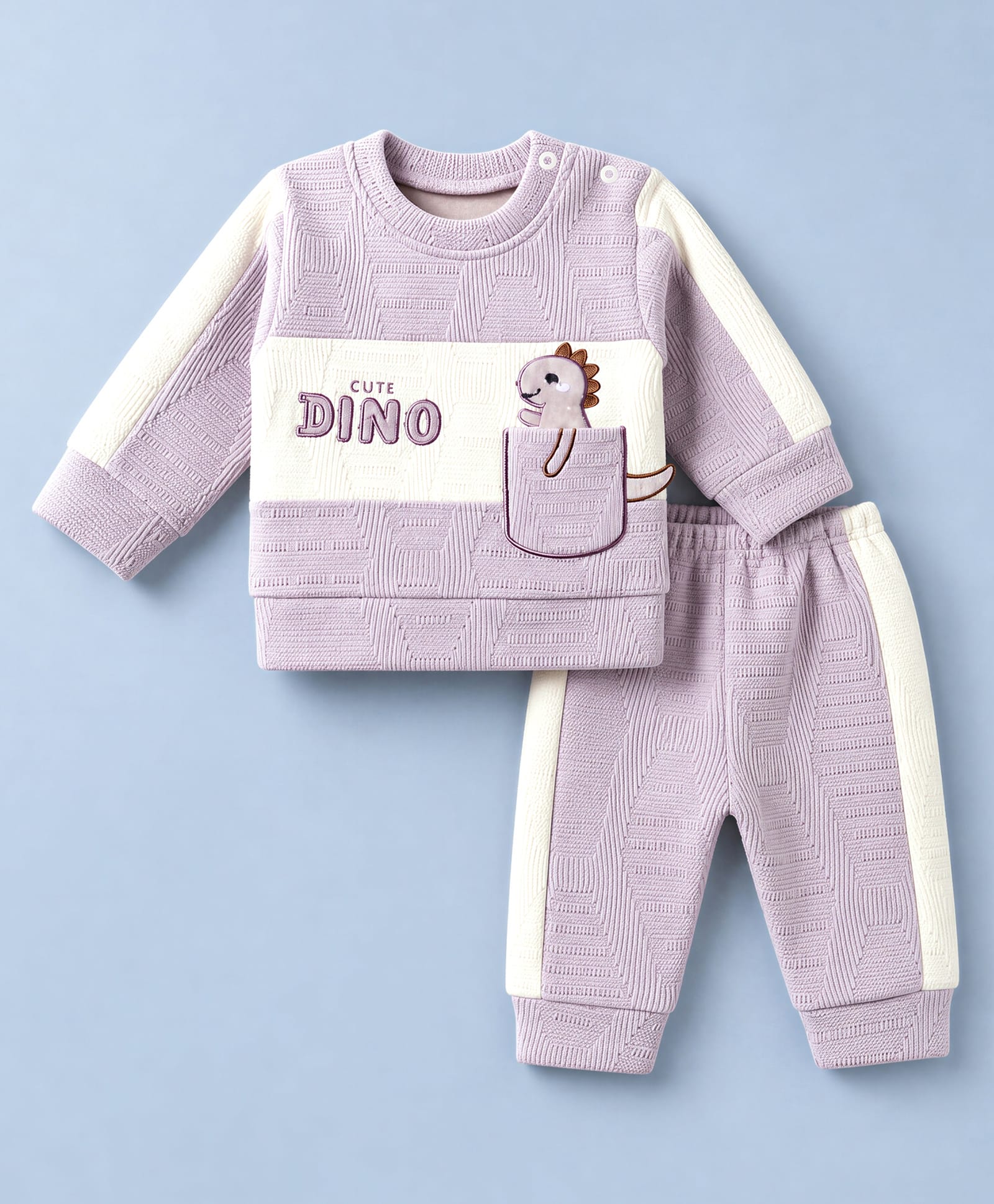 Mom's pet Fleece Knit Full Sleeves Dinosaur Embroidered Pre Winter Tee & Joggers Set -Purple-picture-23