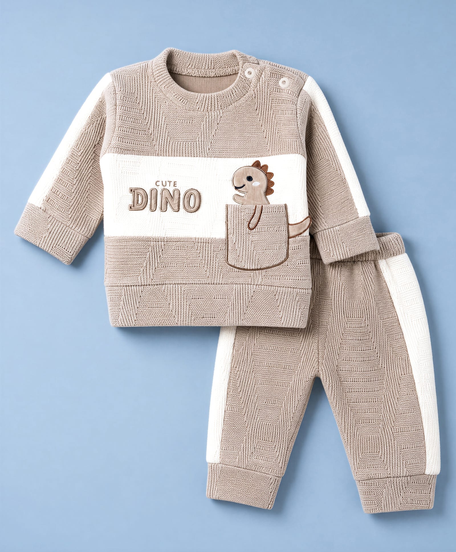 Mom's pet Fleece Knit Full Sleeves Dinosaur Embroidered Pre Winter Tee & Joggers Set -Brown-picture-22