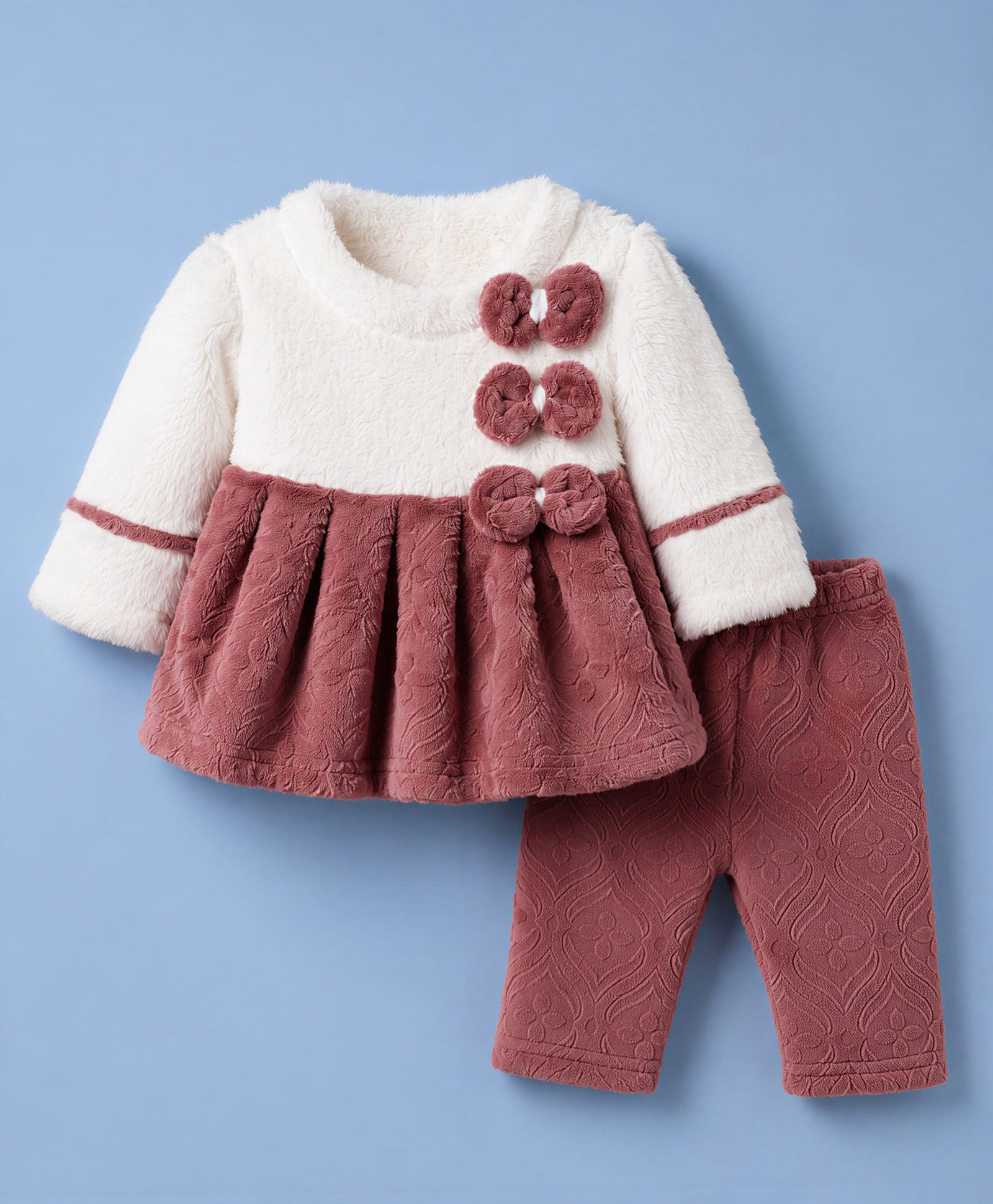 Mom's pet Fur Knit Full Sleeves Bow Applique Detailed Winter Dress With Leggings - Red-picture-20