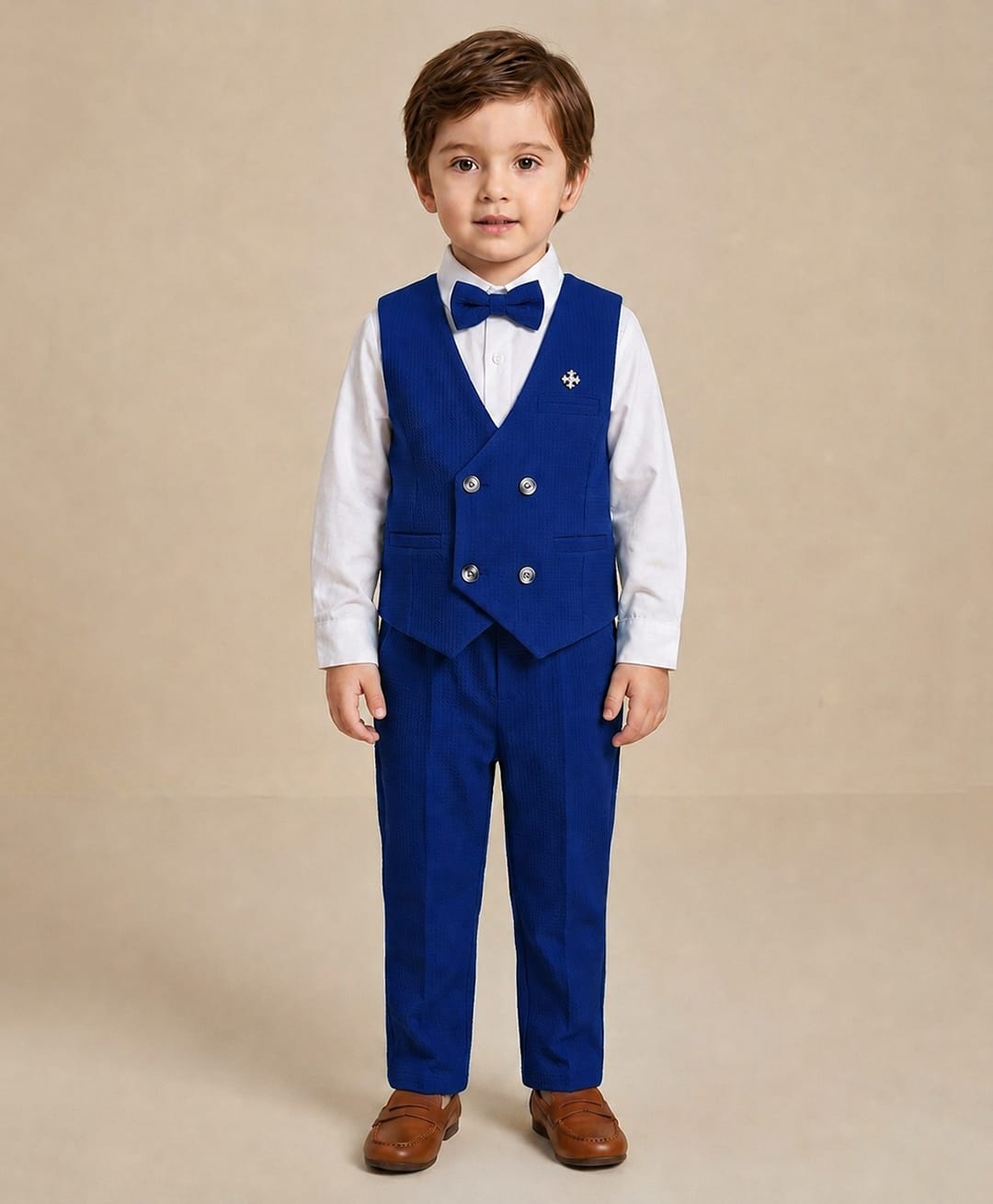 Rikidoos Cotton Woven Full Sleeve 3 Piece Party Suits With Bow & Brooch - Blue & White-picture-19