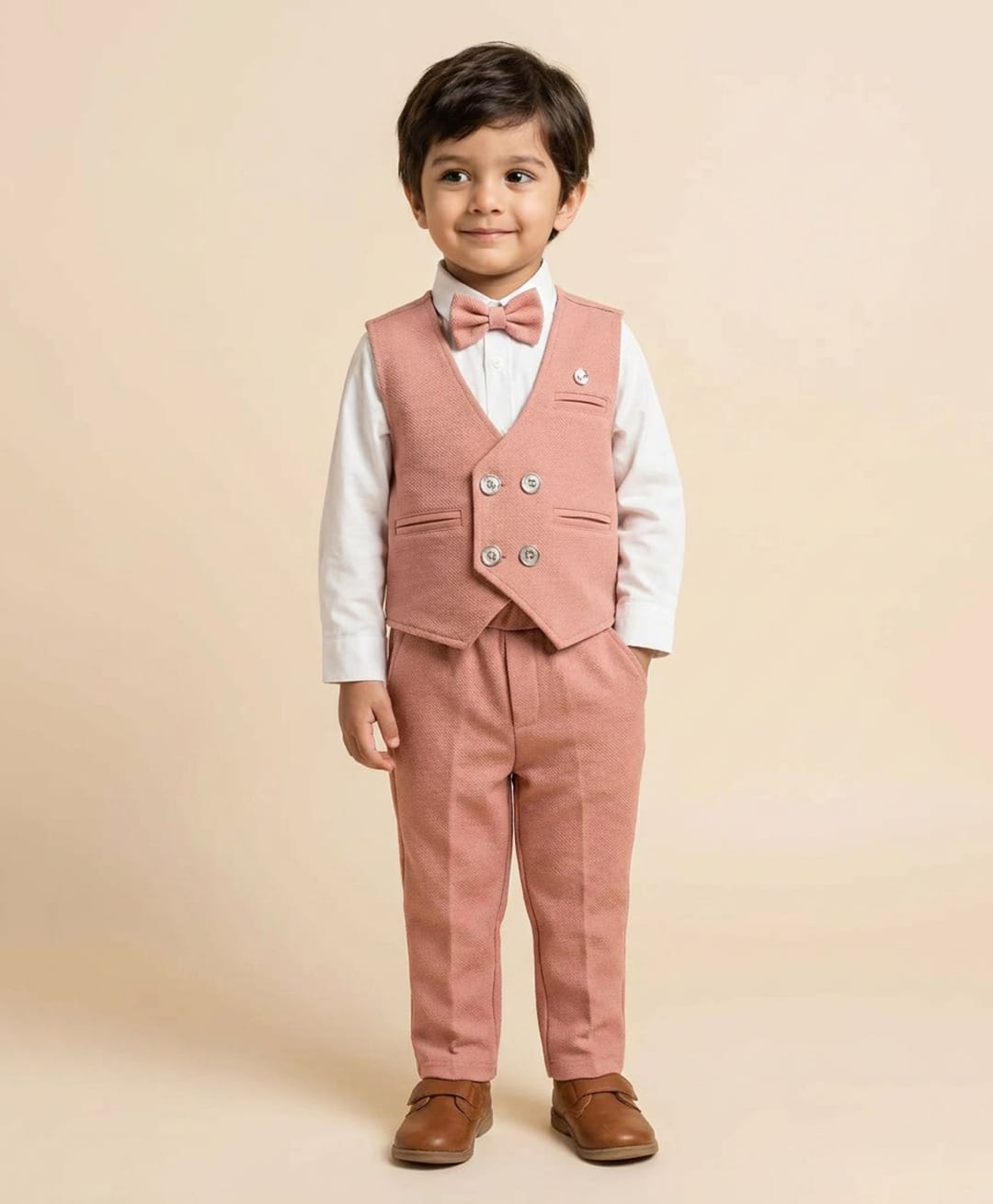 Rikidoos Cotton Woven Full Sleeve 3 Piece Party Suits With Bow & Brooch - Peach & White-picture-44