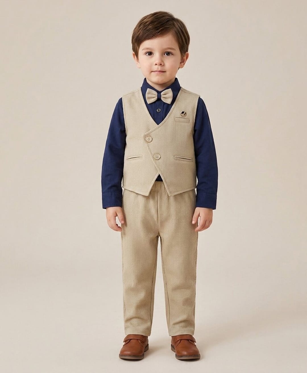 Rikidoos Cotton Woven Full Sleeves 3 Piece Solid Colour Party Suit with Attached Bow -Beige-picture-22