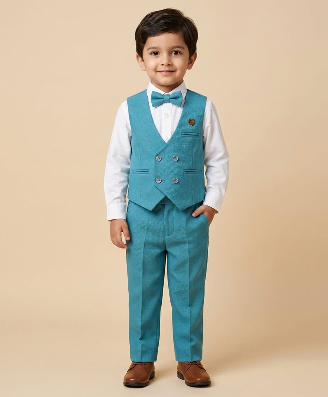 Rikidoos Cotton Woven Full Sleeves 3 Piece Suit with Bow - White & Blue-picture-15