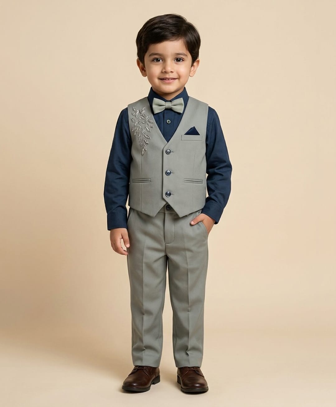 Rikidoos Cotton Woven Full Sleeves 3 Piece Suit with Bow & Floral Embroidery - Peacock Green-image-37