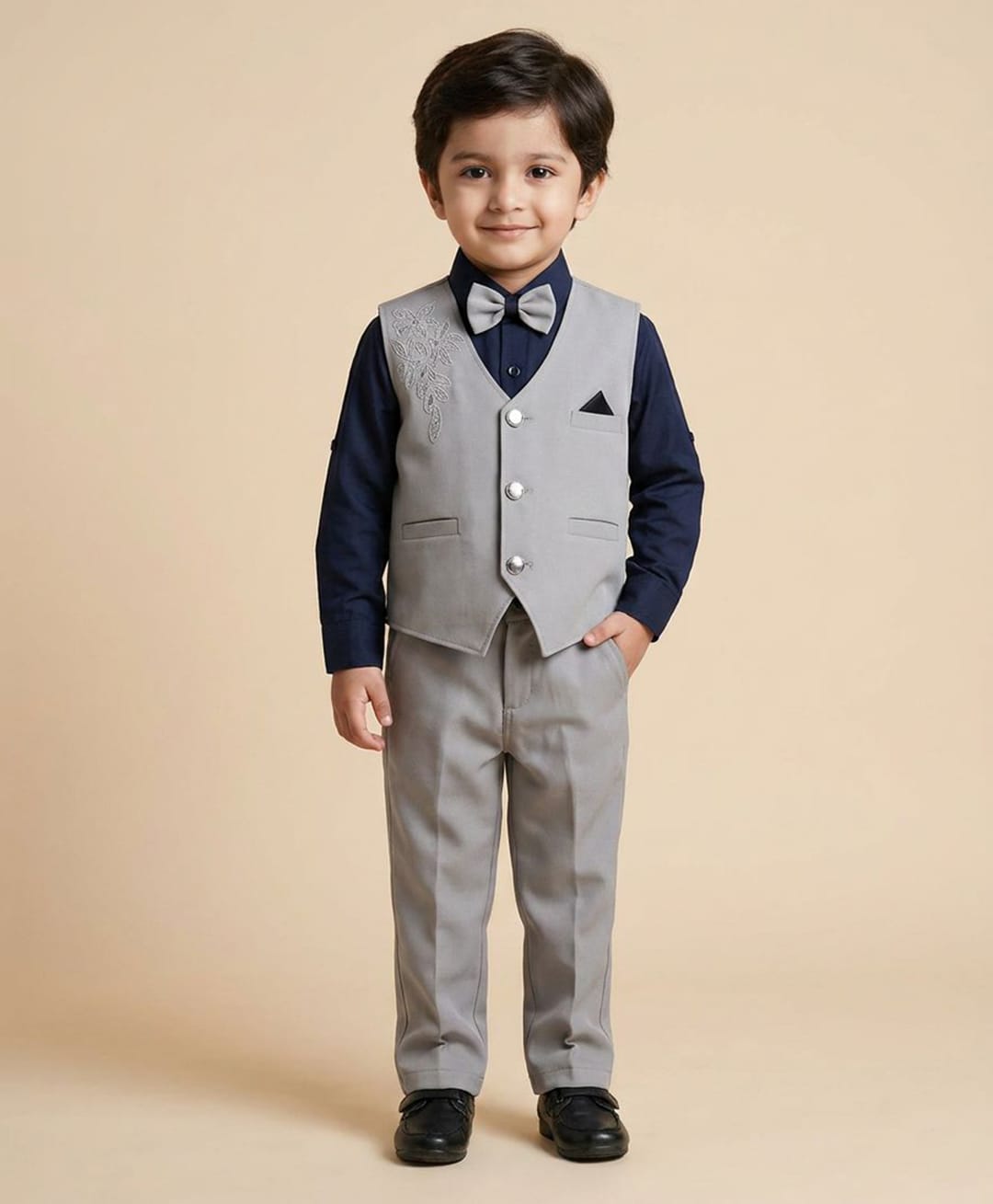 Rikidoos Cotton Woven Full Sleeves 3 Piece Suit with Bow & Floral Embroidery - Navy Blue & Grey-picture-4