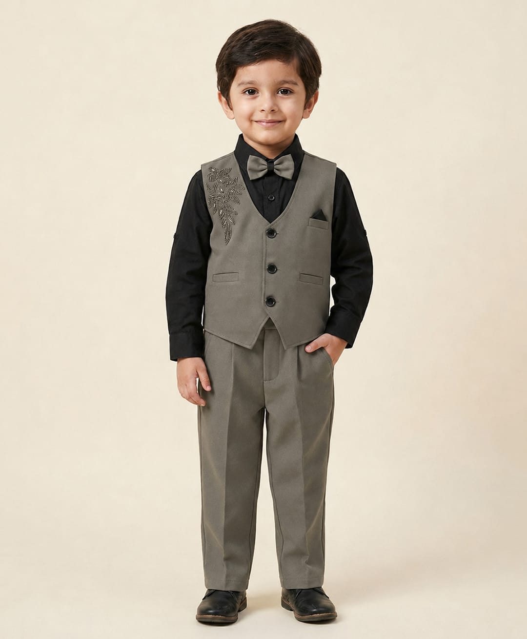 Rikidoos Cotton Woven Full Sleeves 3 Piece Suit with Bow & Floral Embroidery - Black & Grey-image-36