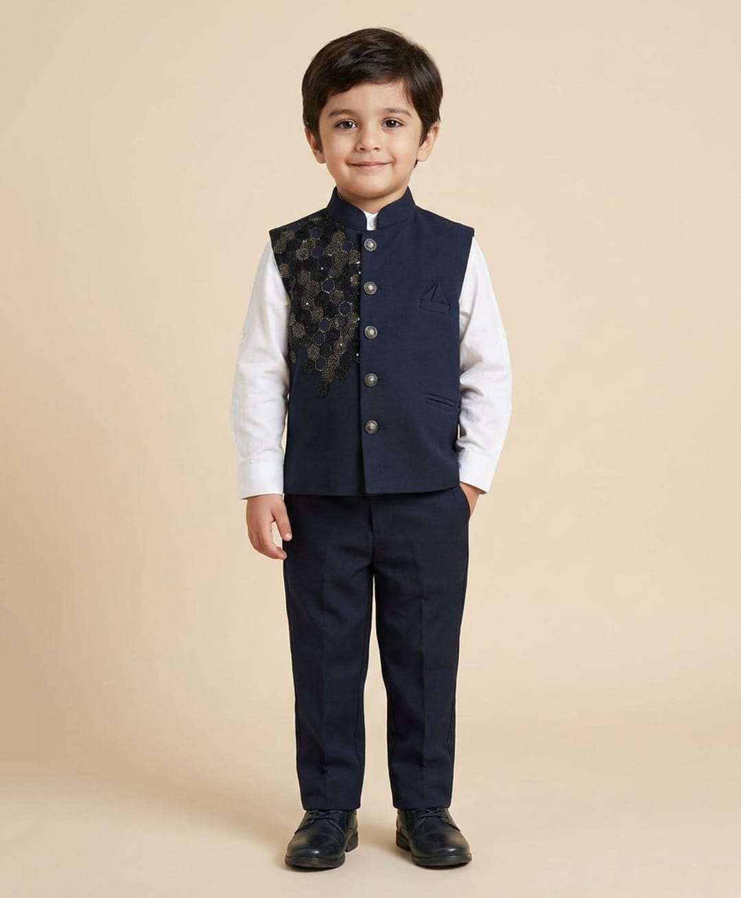 Rikidoos Cotton Woven Full Sleeves 3 Piece Suit Stones Embellishment - Navy Blue & White-image-31