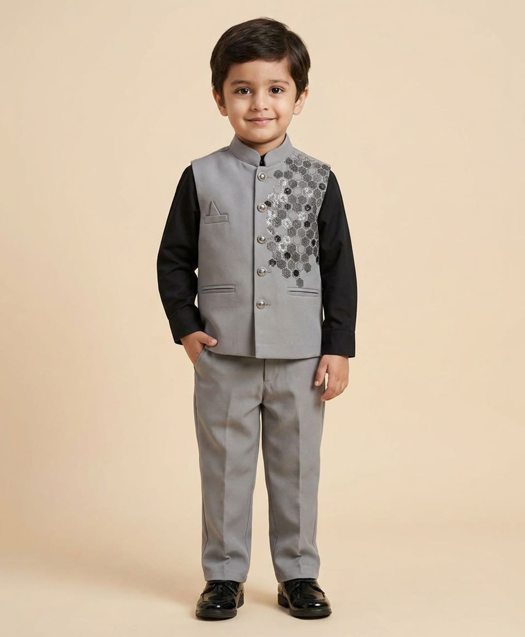 Rikidoos Cotton Woven Full Sleeves 3 Piece Suit Stones Embellishment - Grey & Black-picture-27