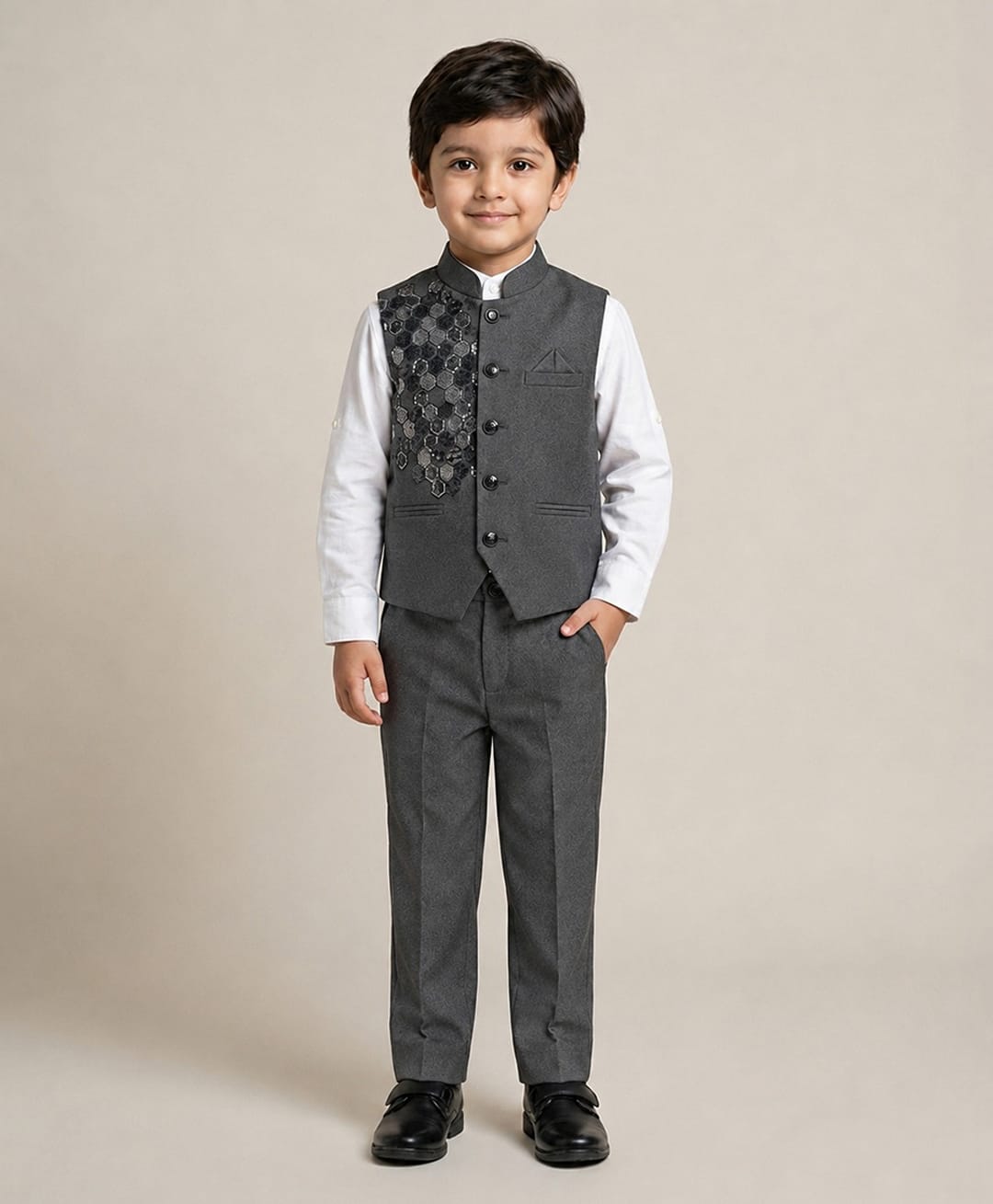Rikidoos Cotton Woven Full Sleeves 3 Piece Suit Stones Embellishment - Grey & White-image-35