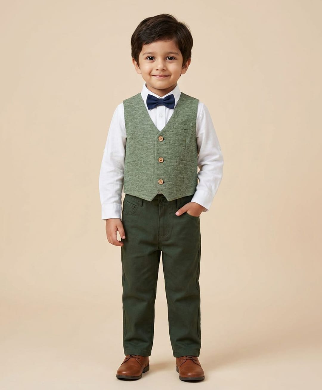 Rikidoos Cotton Woven Full Sleeves 3 Piece Suit with Bow - White & Olive Green-picture-30
