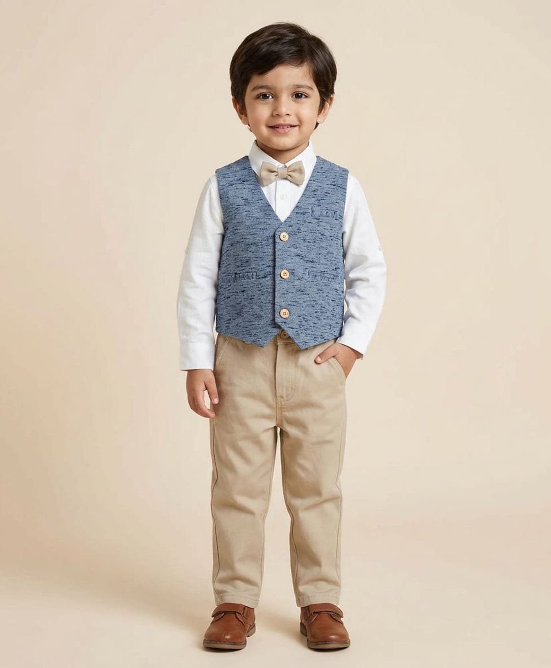 Rikidoos Cotton Woven Full Sleeves Solid Textured Three Piece Printed Party Suit With Bow - Blue & White-picture-19