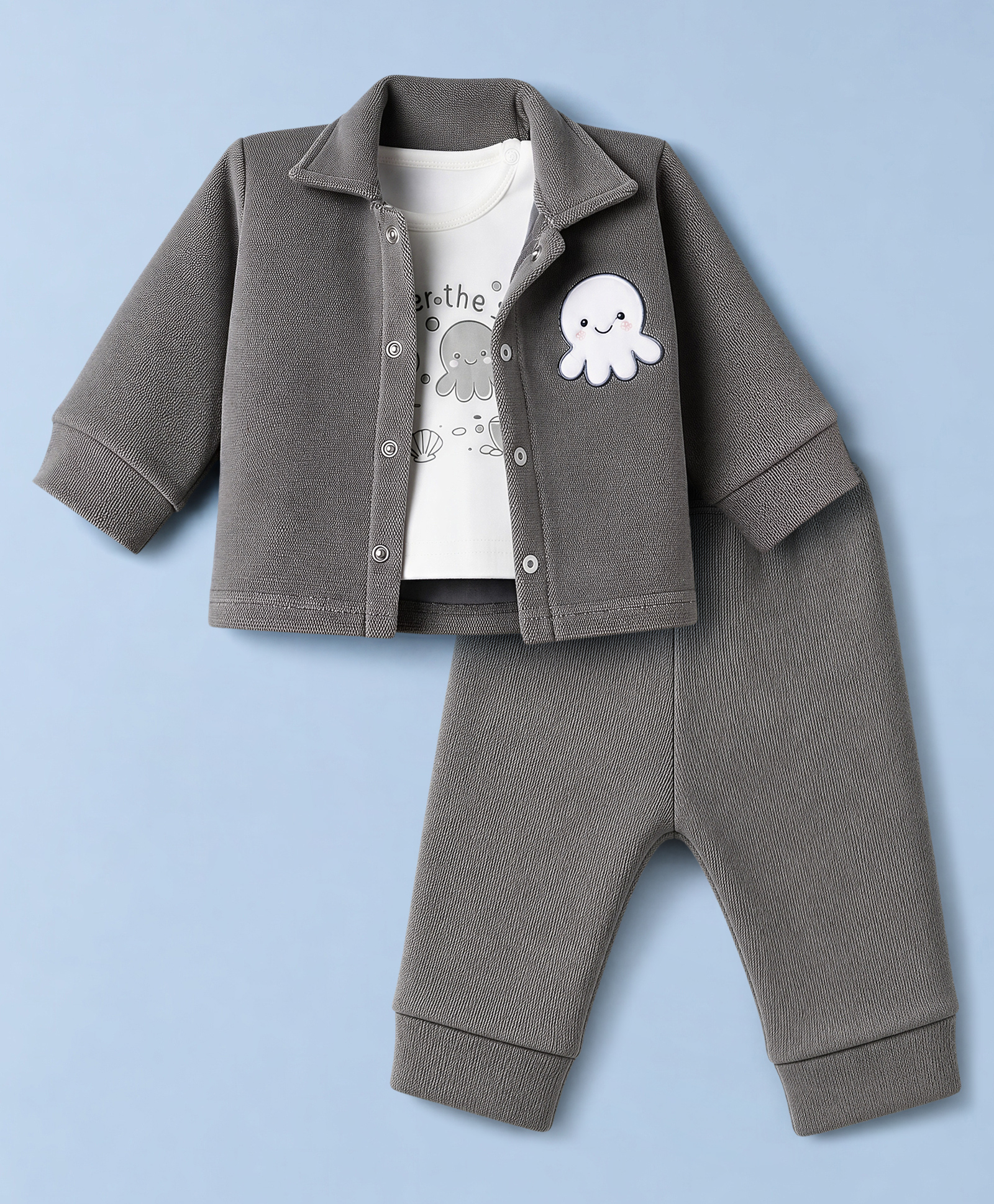 Mom's pet Fleece Knit Under The Sea Text Printed Winter Tee With Full Sleeves Shirt & Joggers Set - Grey-picture-23