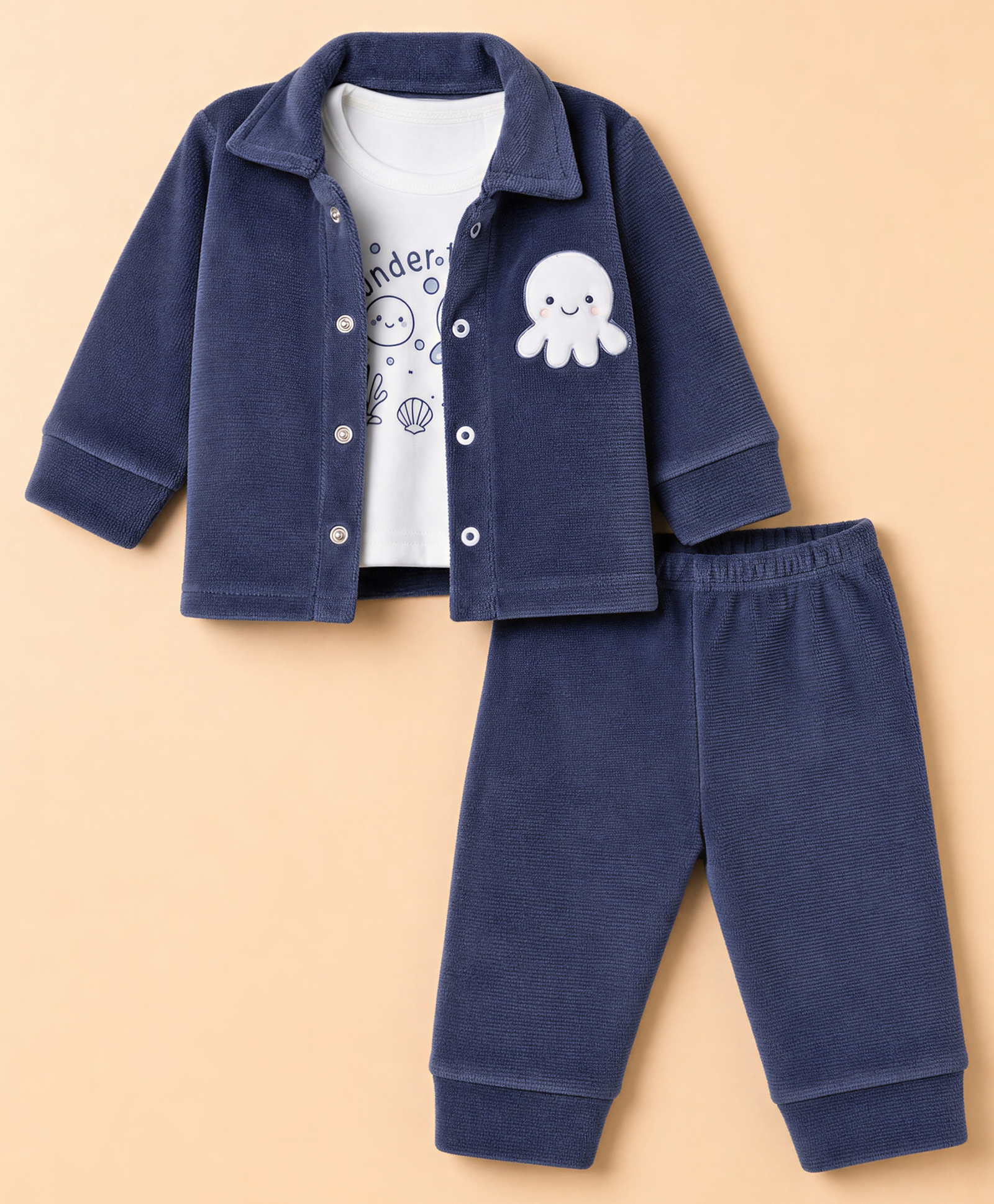 Mom's pet Fleece Knit Under The Sea Text Printed Winter Tee With Full Sleeves Shirt & Joggers Set - Blue-picture-11