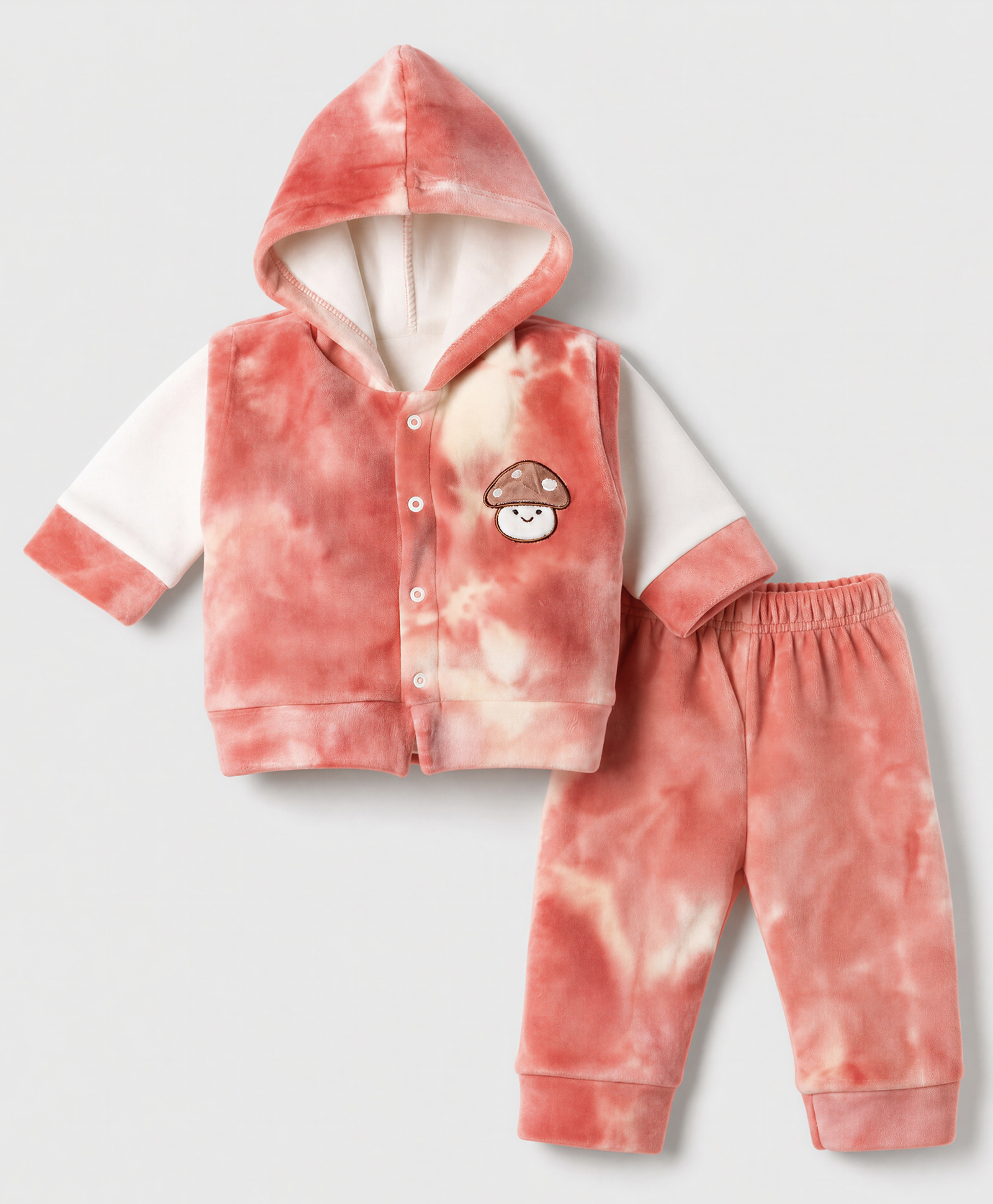 Mom's pet Fleece Knit Full Sleeves Solid Tee & Joggers With Mushroom Embroidered Jacket Set - Peach-picture-30