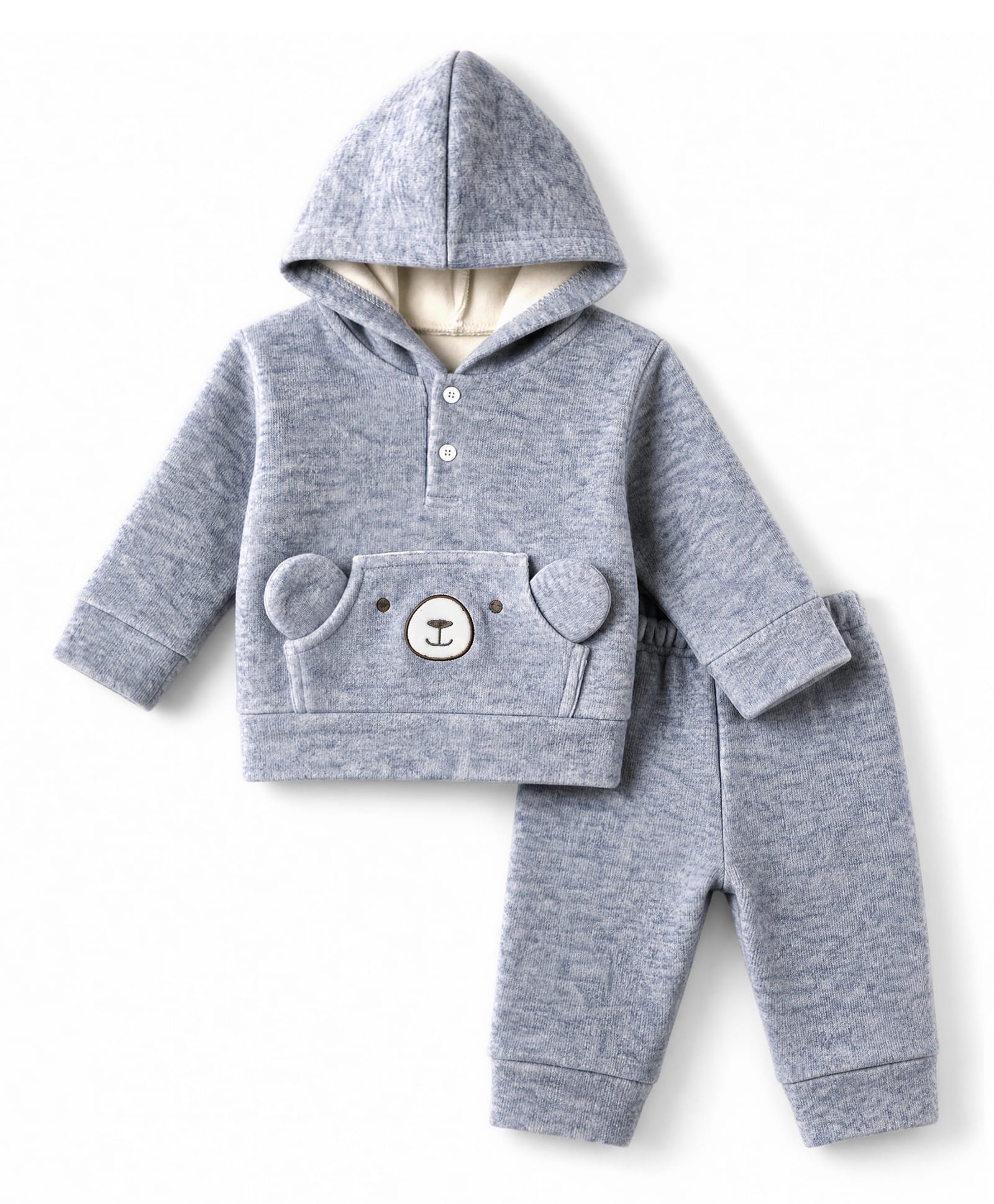 Mom's pet Fleece Knit Full Sleeves Bear Embroidered Hooded Tee & Joggers Set - Grey-picture-13