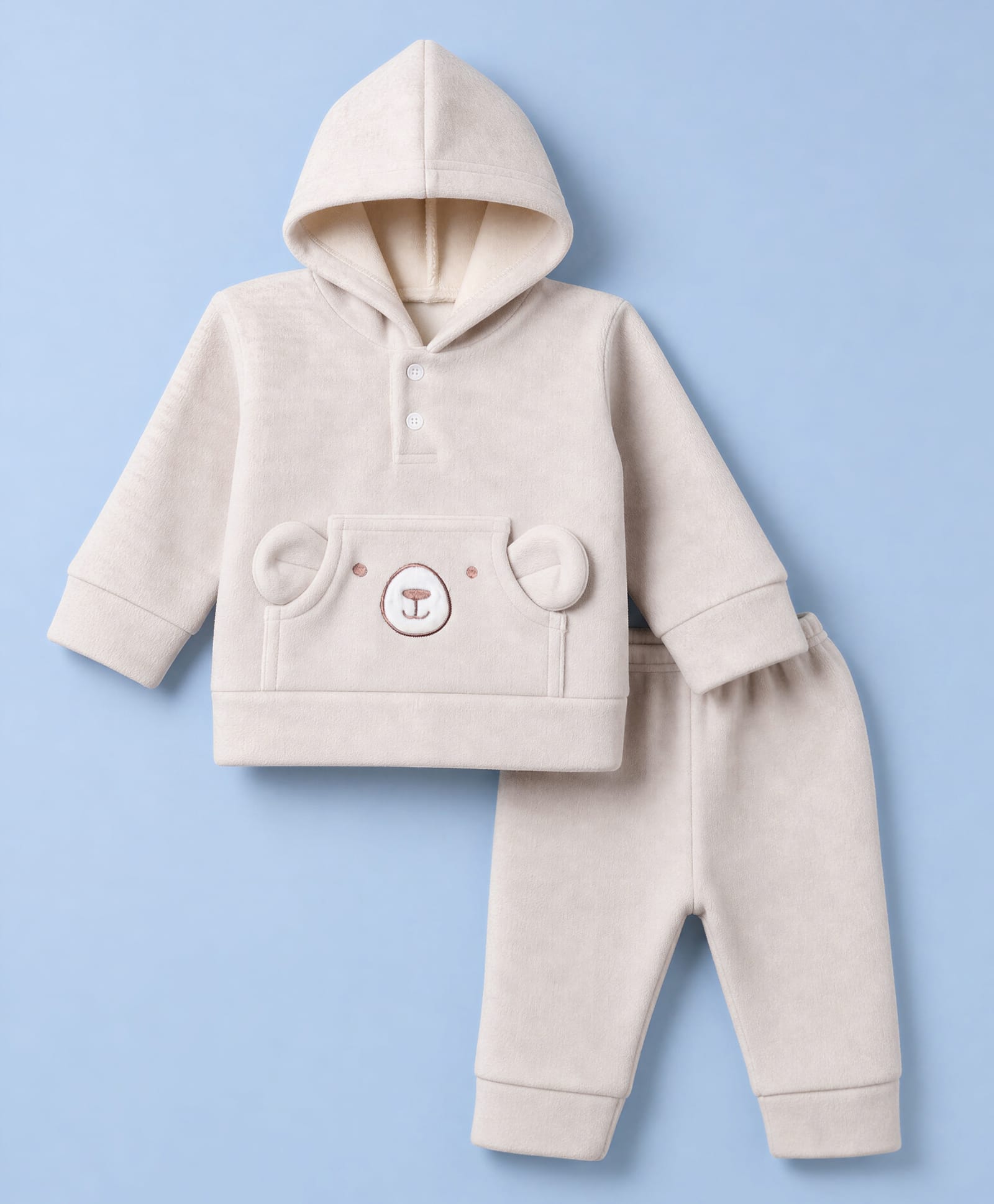 Mom's pet Fleece Knit Full Sleeves Bear Embroidered Hooded Tee & Joggers Set - Beige-image-7