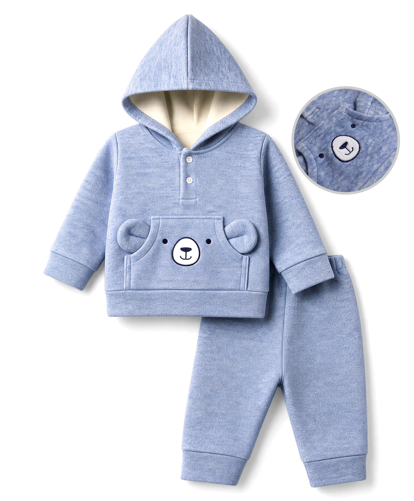 Mom's pet Fleece Knit Full Sleeves Bear Embroidered Hooded Tee & Joggers Set - Blue-image-39