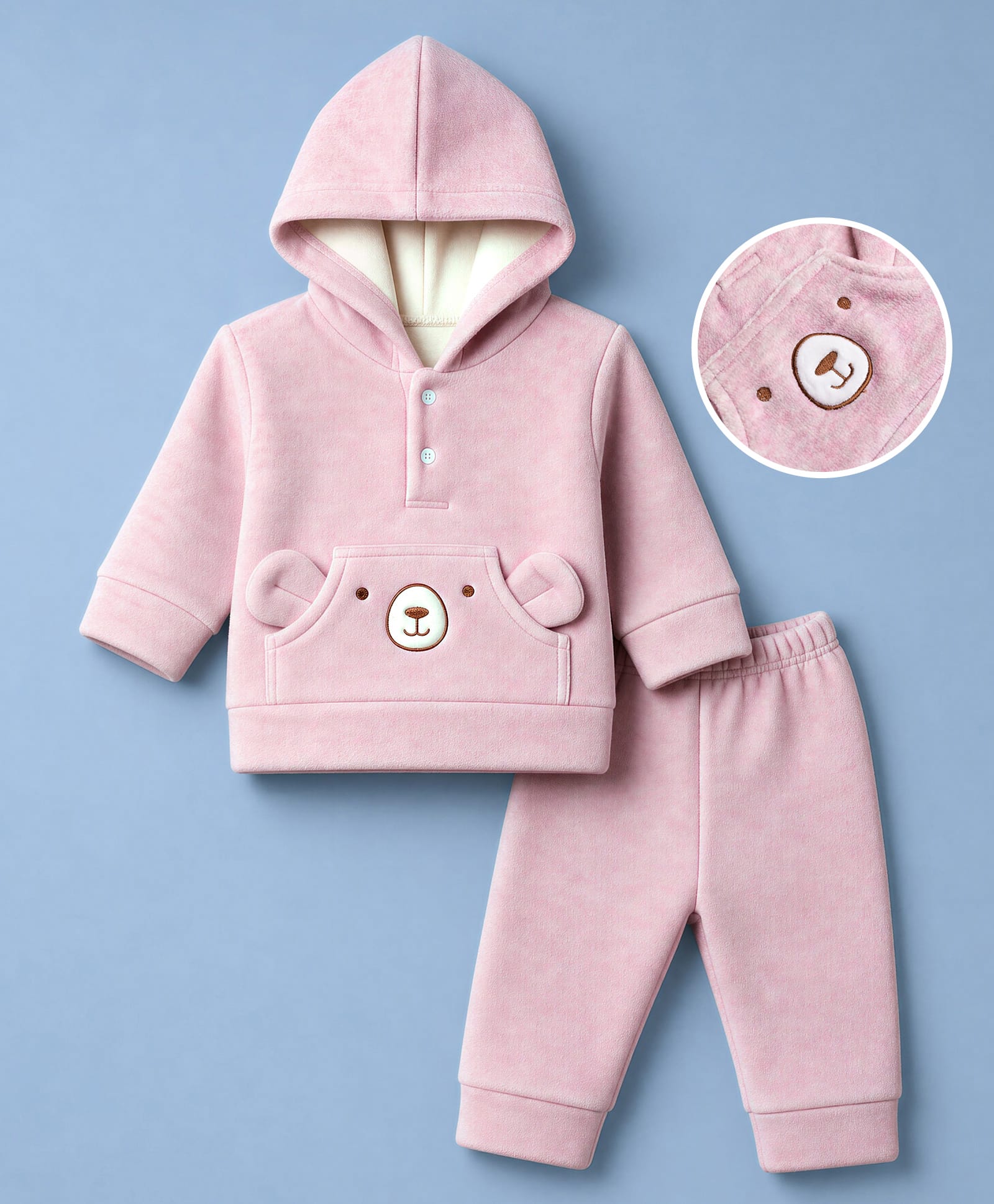 Mom's pet Fleece Knit Full Sleeves Bear Embroidered Hooded Tee & Joggers Set - Pink-picture-46