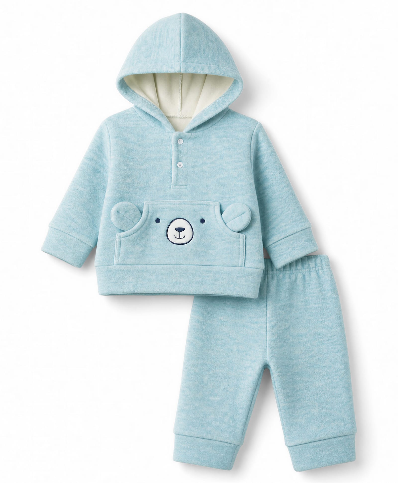 Mom's pet Fleece Knit Full Sleeves Bear Embroidered Hooded Tee & Joggers Set - Green-picture-33