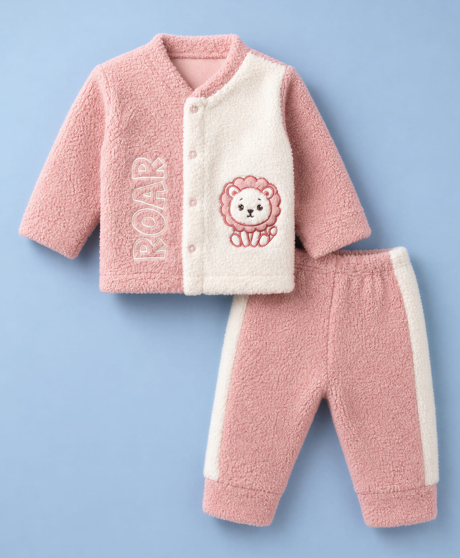 Mom's pet Fleece Knit Full Sleeves Lion Embroidered Tee & Joggers Set - Pink-image-47