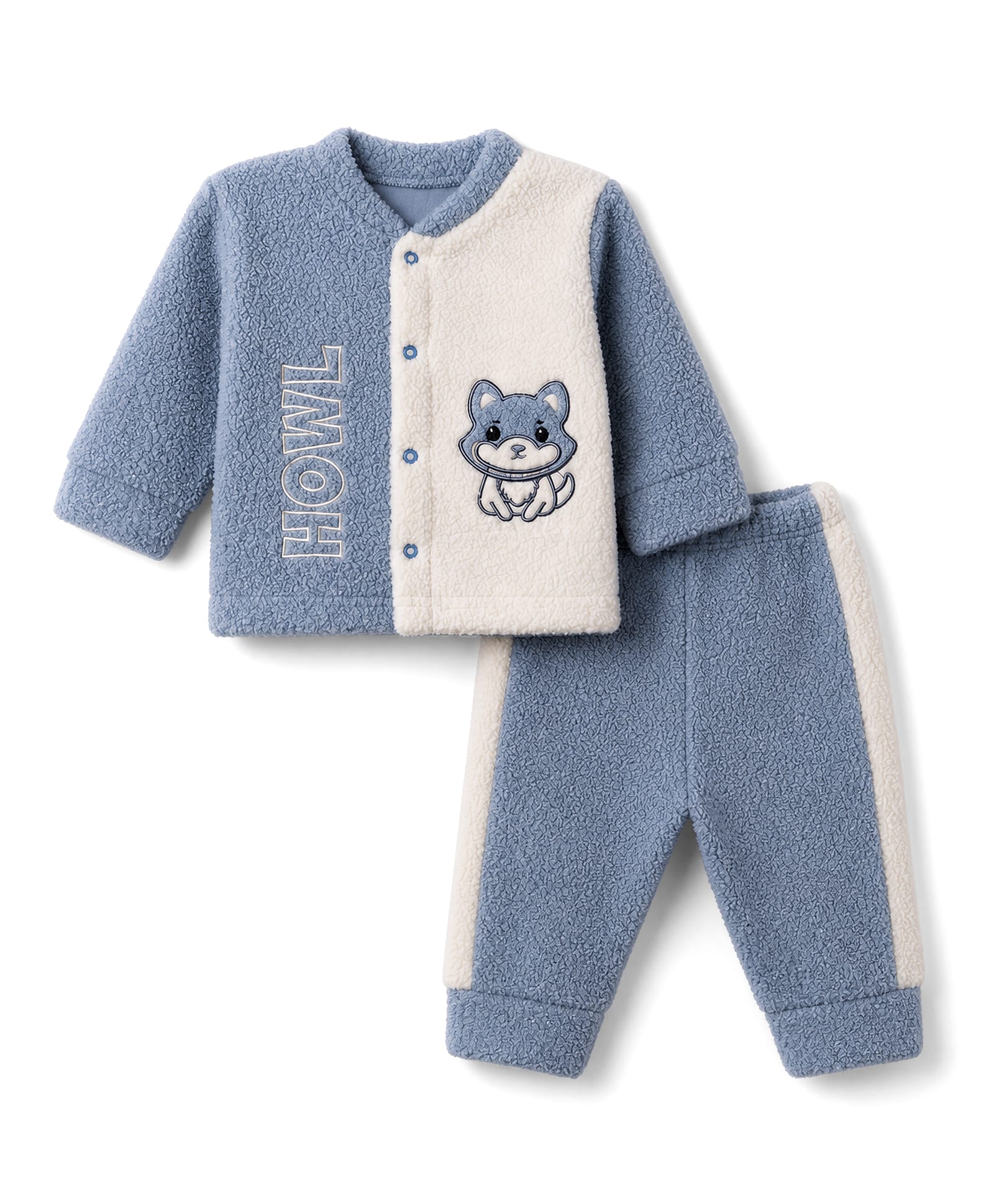 Mom's pet Fleece Knit Full Sleeves Animal Embroidered Tee & Joggers Set - Blue-image-20