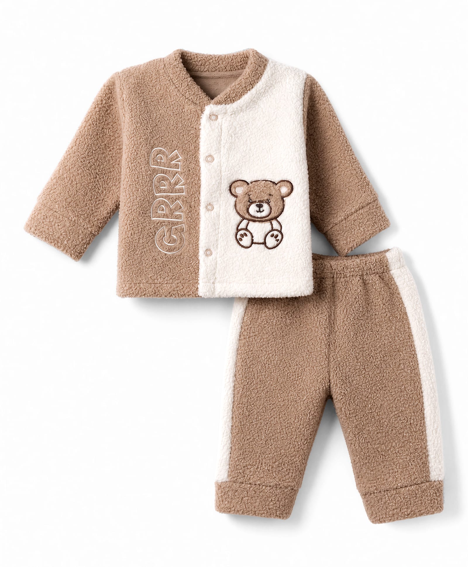 Mom's pet Fleece Knit Full Sleeves Bear Embroidered Tee & Joggers Set - Brown-image-23