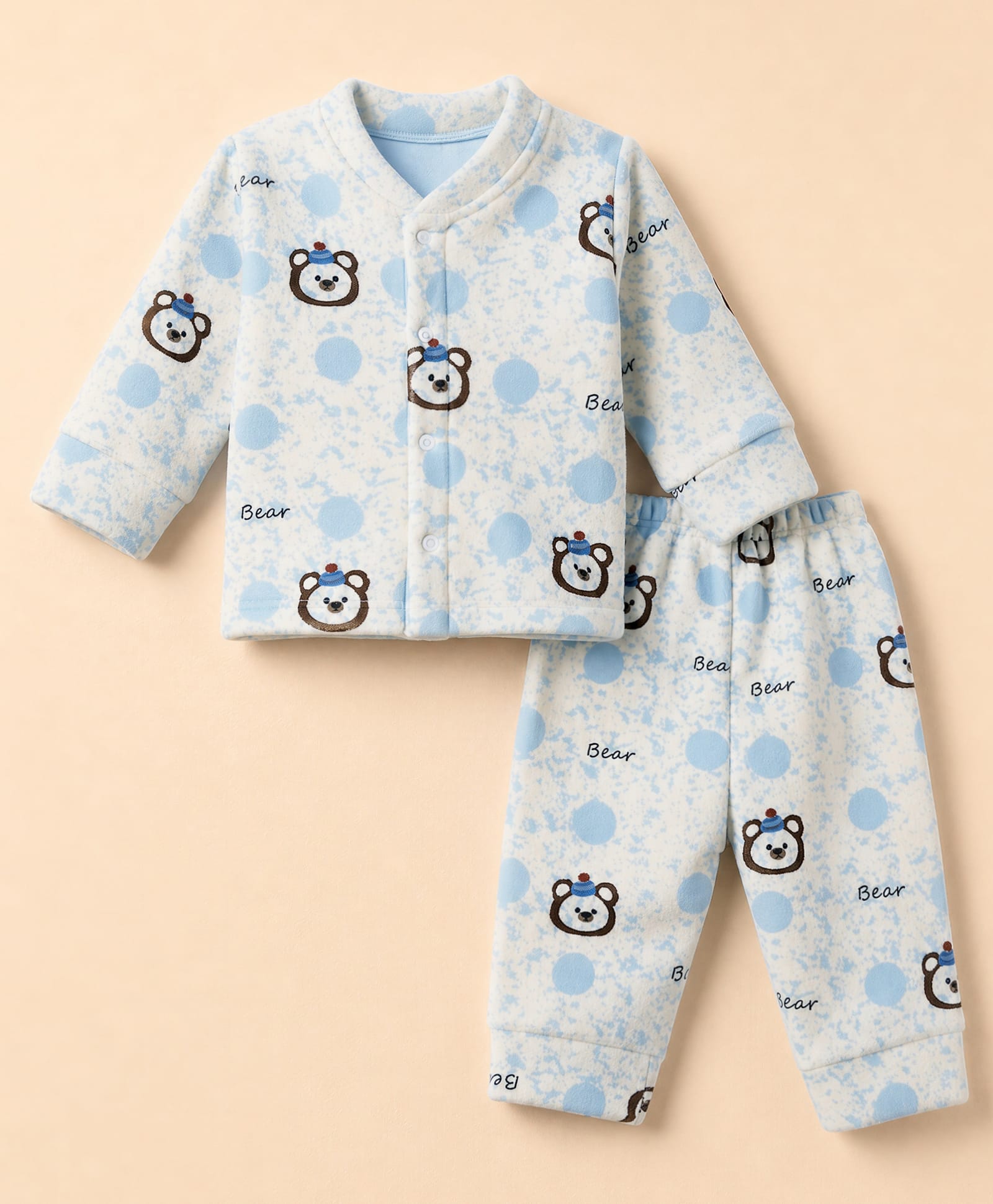 Moms pet Fleece Knit Full Sleeves Bear Printed Coordinating Tee & Joggers Set - Sky Blue-image-30