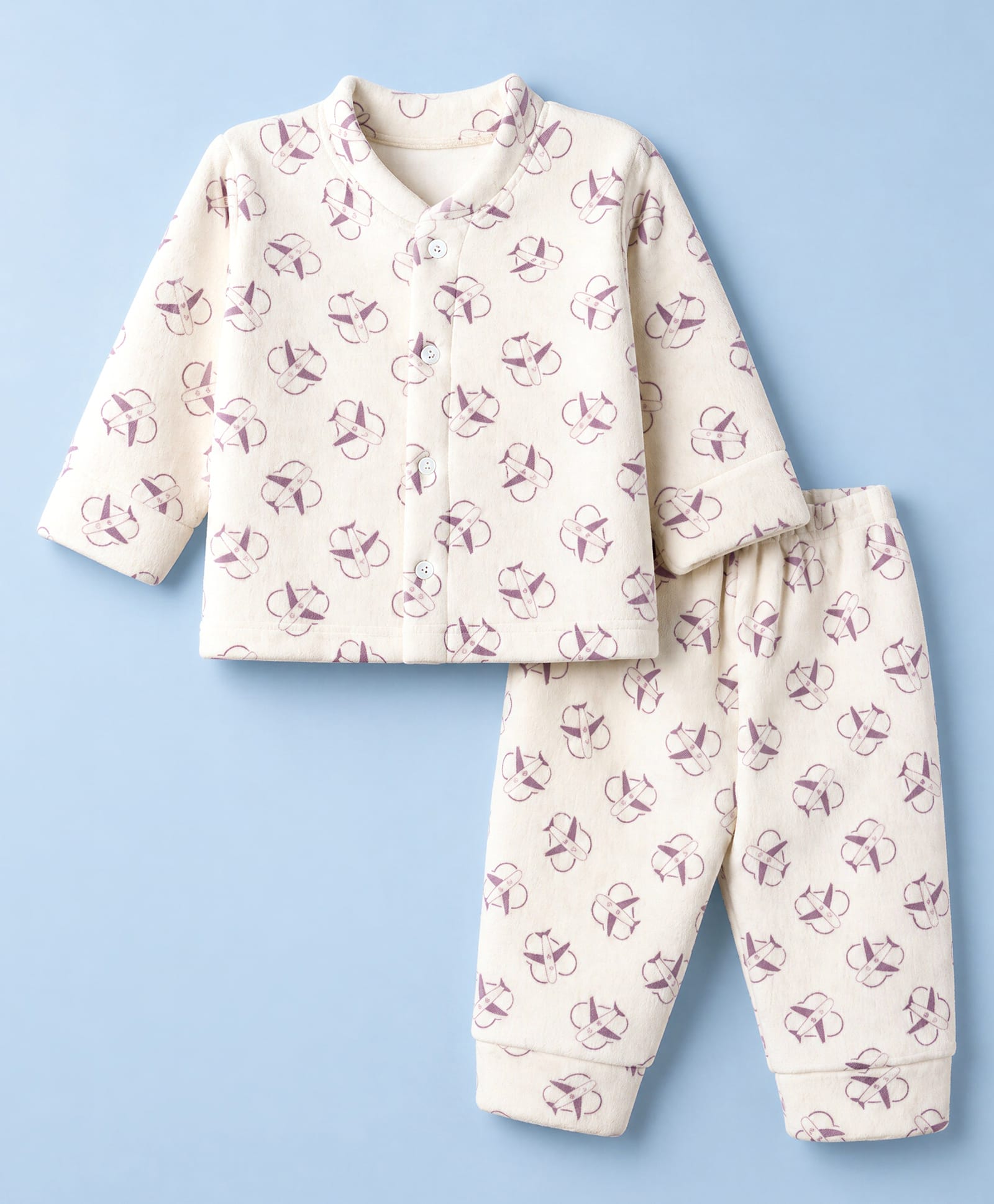 Moms pet Fleece Knit Full Sleeves Aeroplane Printed Coordinating Tee & Joggers Set - Purple-image-28