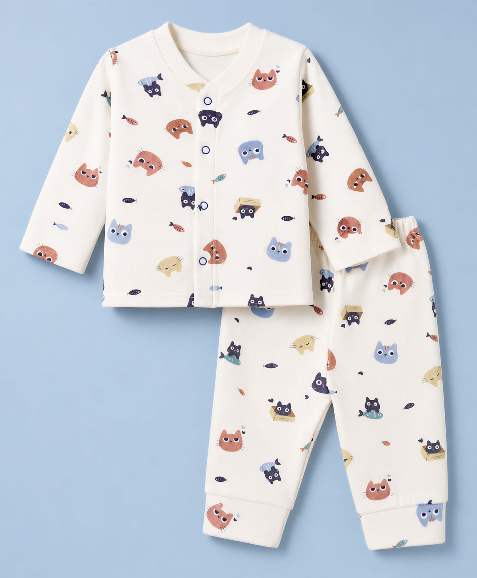 Mom's pet Velvet Knit Full Sleeves Cats Printed Coordinating Winter Tee & Joggers Set - Cream-image-36