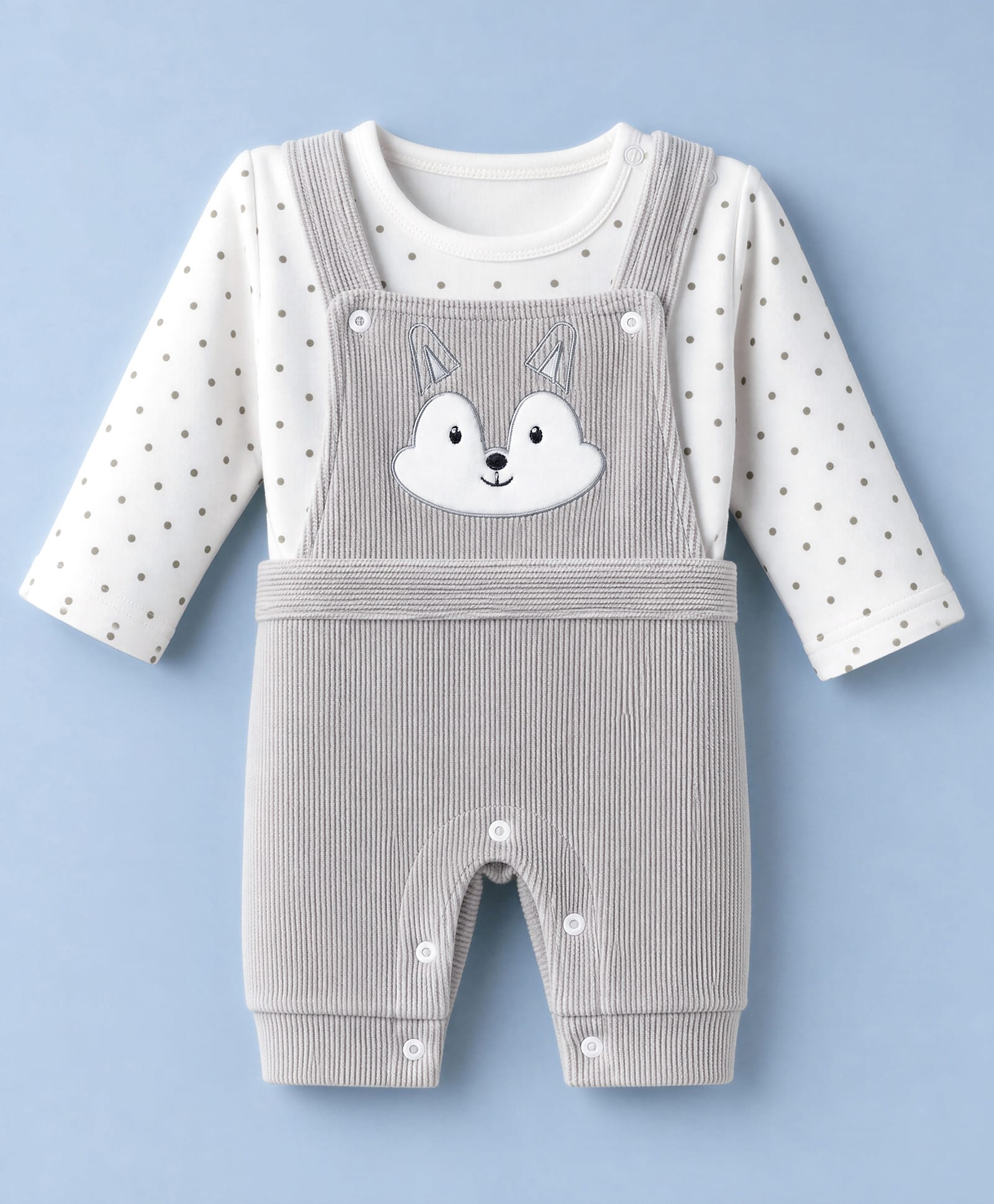 Mom's pet Fleece Knit Fox Embroidered Pre Winter Dungaree With Polka Dots Printed Tee - Grey-picture-26