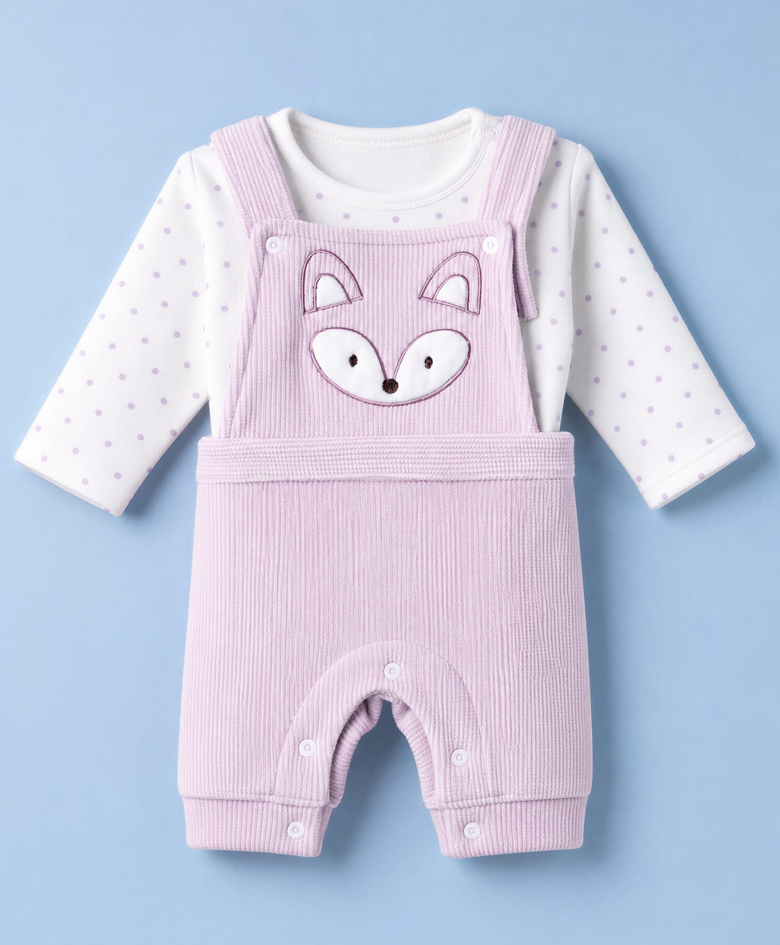 Mom's pet Fleece Knit Fox Embroidered Pre Winter Dungaree With Polka Dots Printed Tee - Purple-picture-27