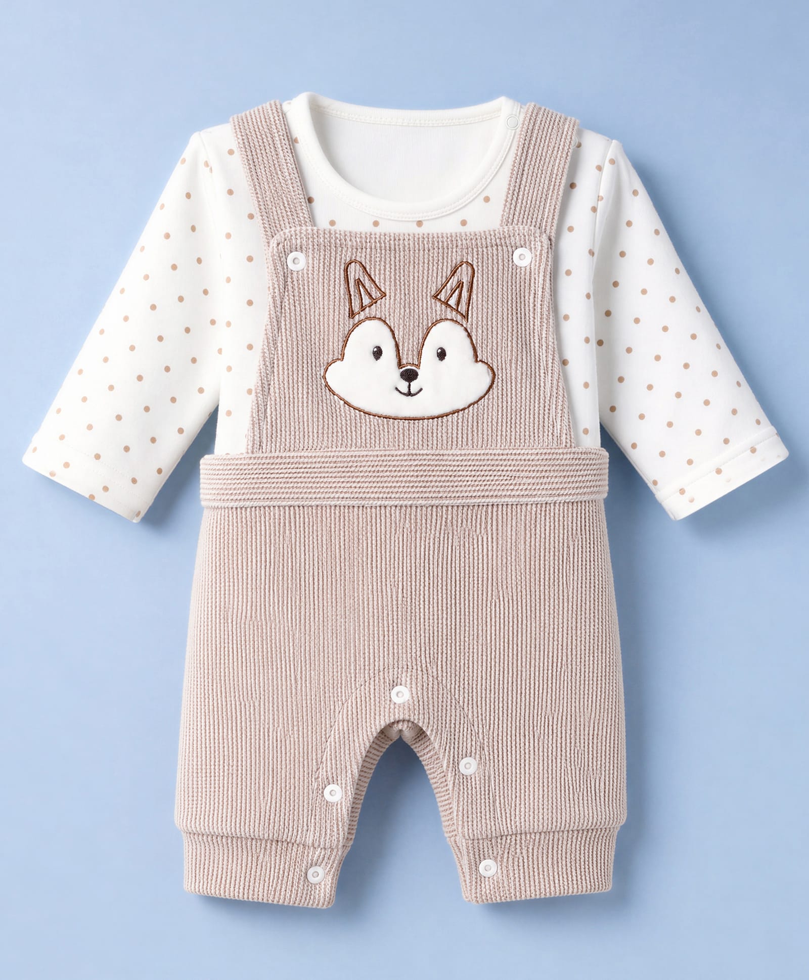 Mom's pet Fleece Knit Fox Embroidered Pre Winter Dungaree With Polka Dots Printed Tee - Brown-picture-22