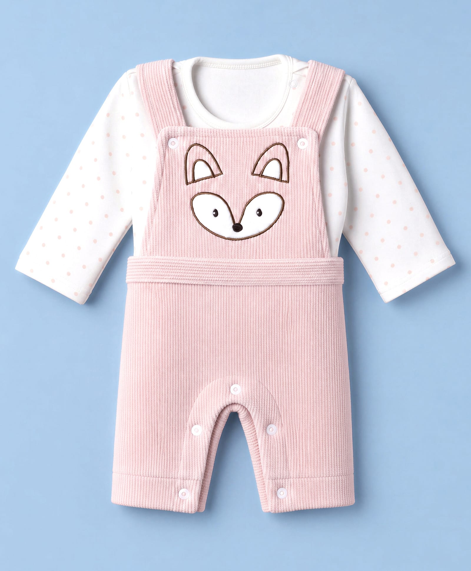 Mom's pet Fleece Knit Fox Embroidered Pre Winter Dungaree With Polka Dots Printed Tee - Pink-picture-24