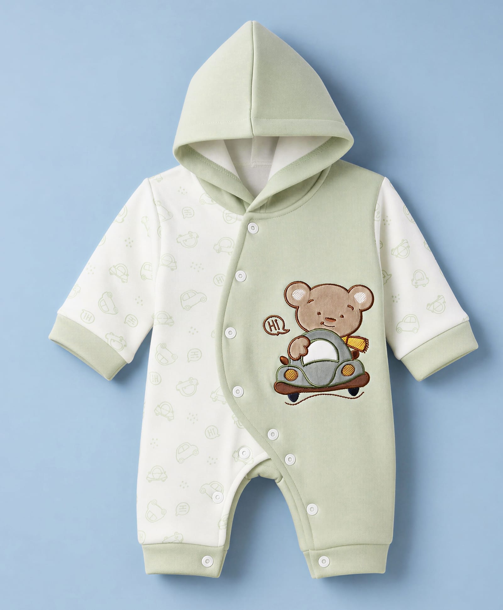 Mom's pet Fleece Knit Full Sleeves Bear Embroidered Hooded Romper - Green-picture-11