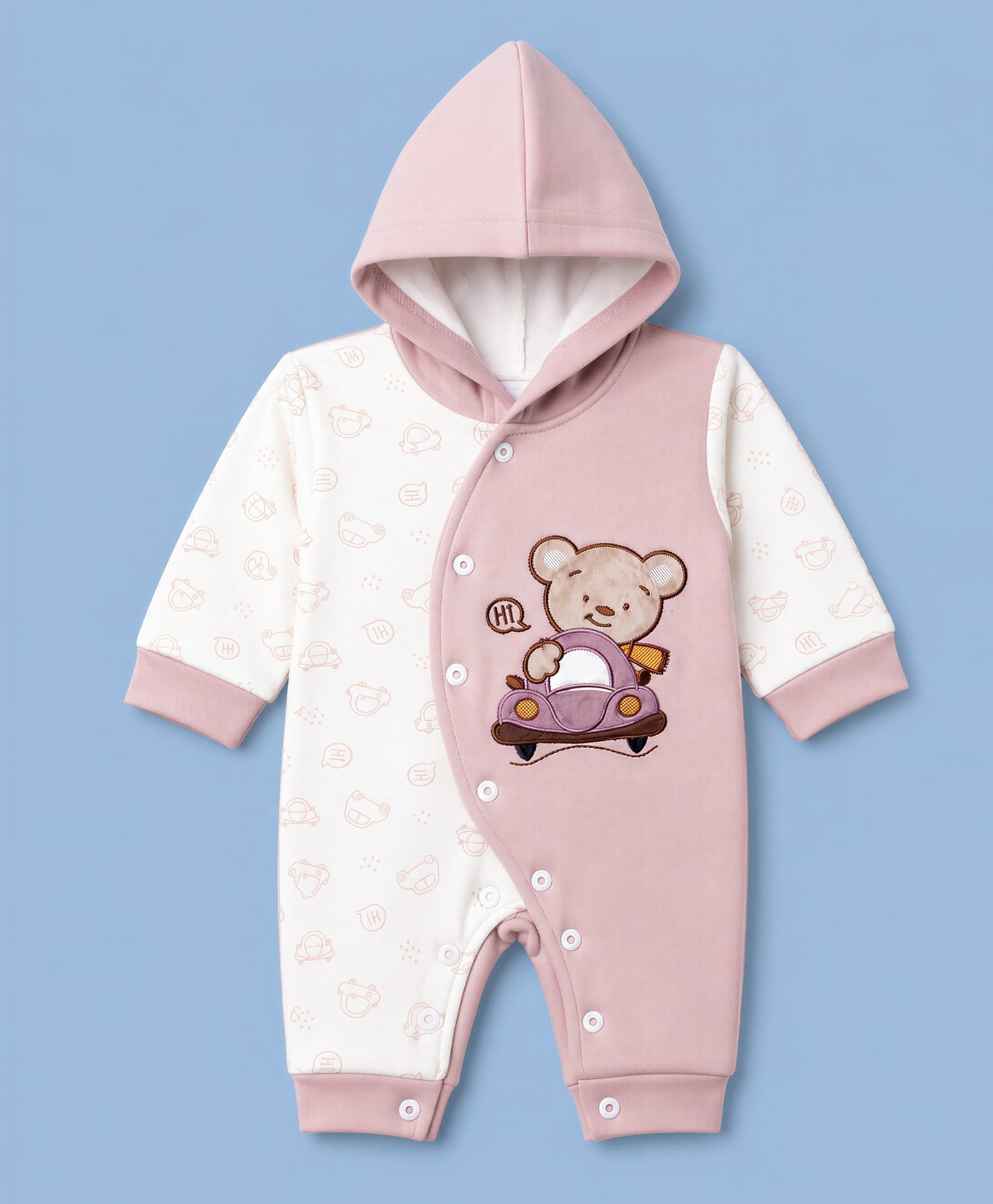 Mom's pet Fleece Knit Full Sleeves Bear Embroidered Hooded Romper - Pink-image-48
