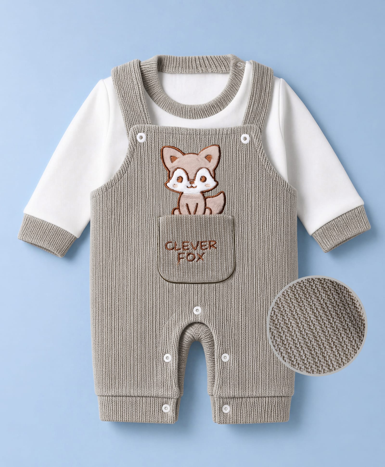 Mom's pet Fleece Knit Fox Embroidered Pre Winter Dungaree With Full Sleeves Tee - Green-picture-35