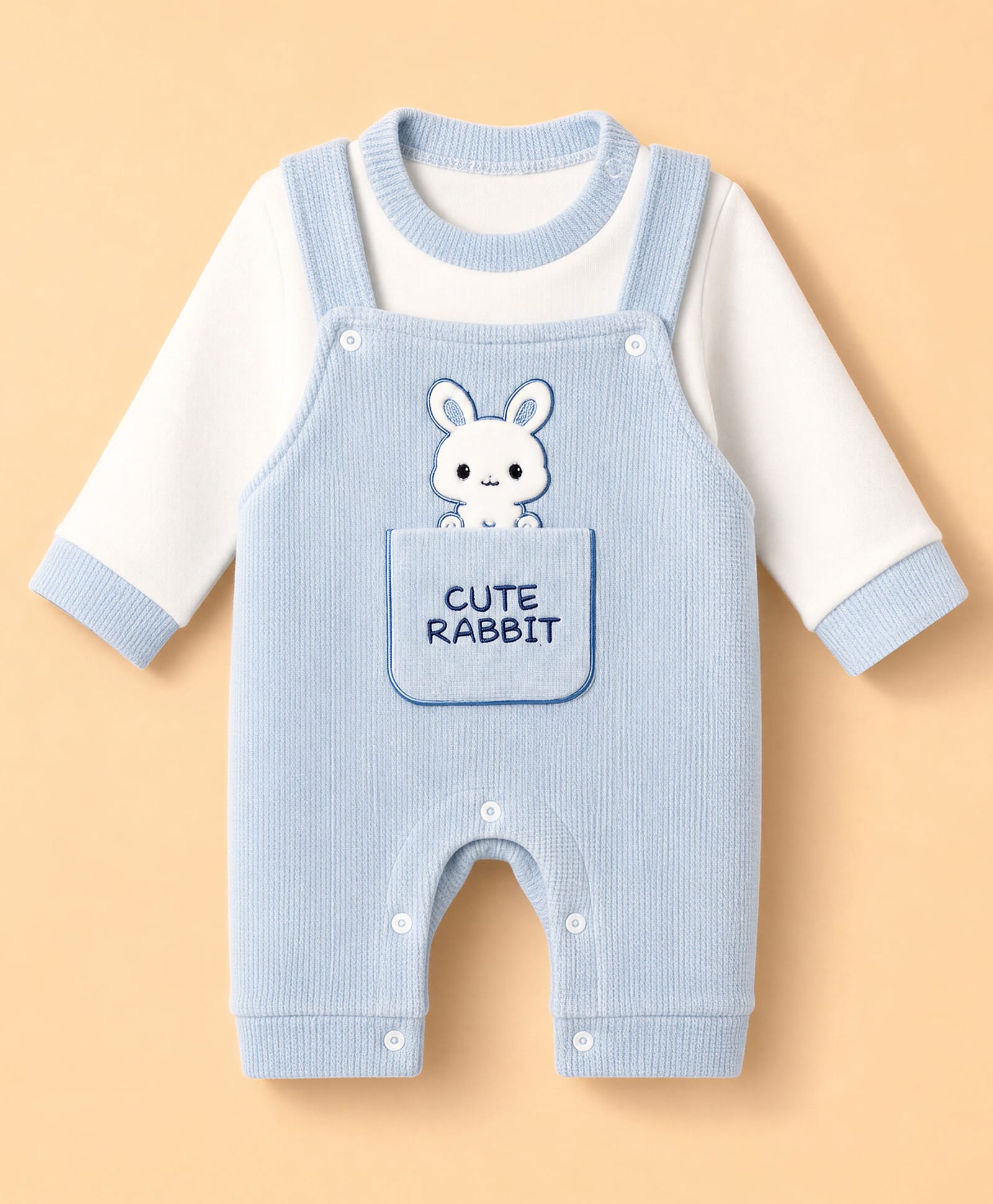 Mom's pet Fleece Knit Fox Embroidered Pre Winter Dungaree With Full Sleeves Tee - Blue-picture-17