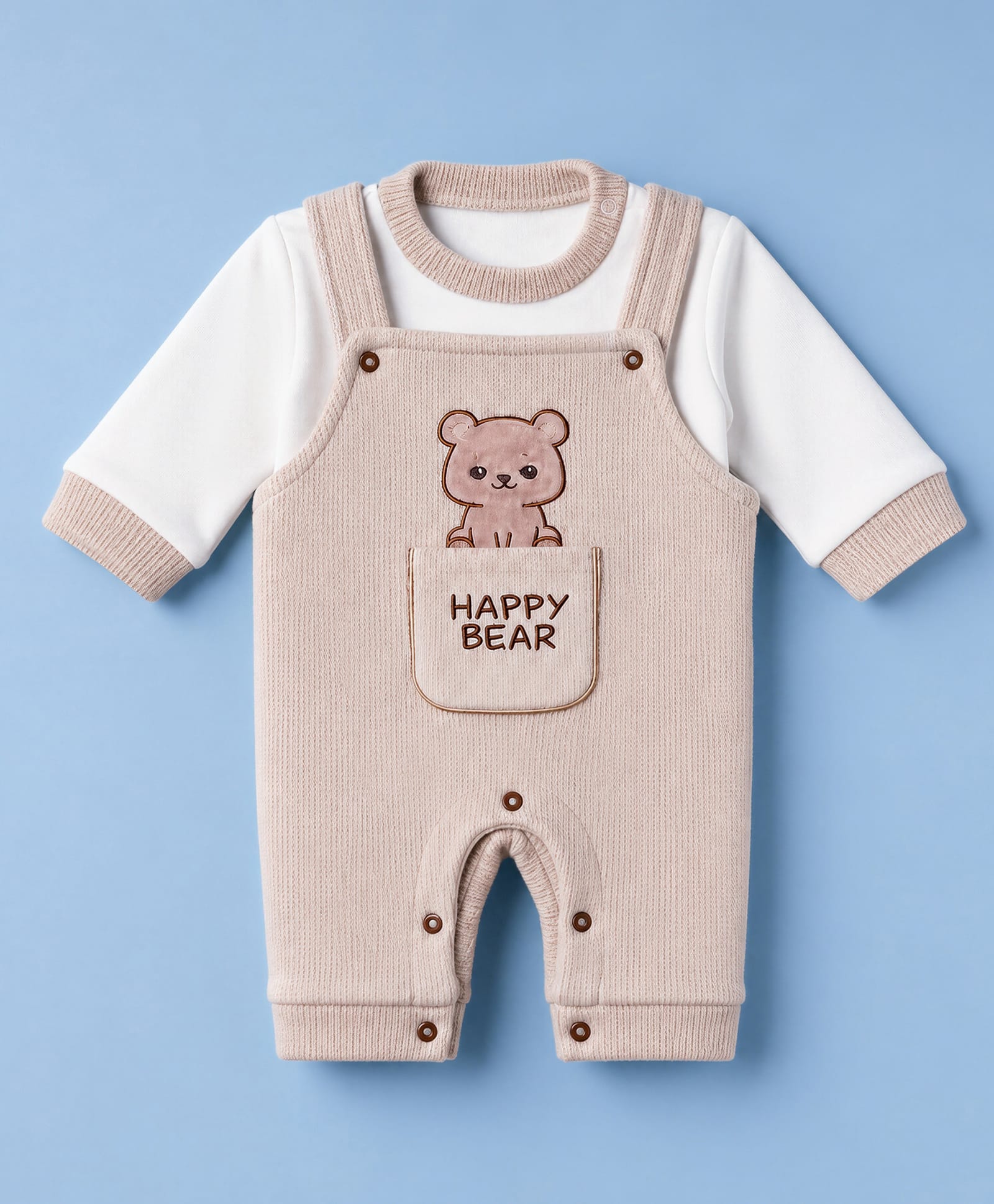 Moms pet Fleece Knit Bear Embroidered Winter Dungaree With Full Sleeves Solid Tee - Brown-image-17