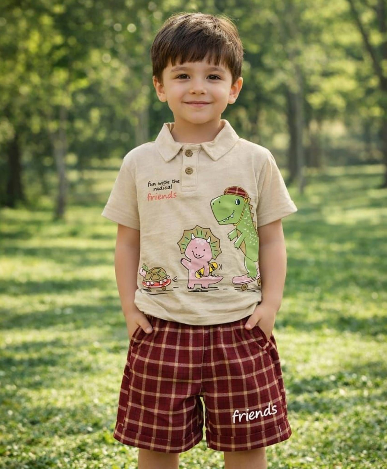 Nottie Planet Cotton Knit Half Sleeves Dinosaur Printed Polo Tee & Shorts Set - Beige & Maroon-picture-20