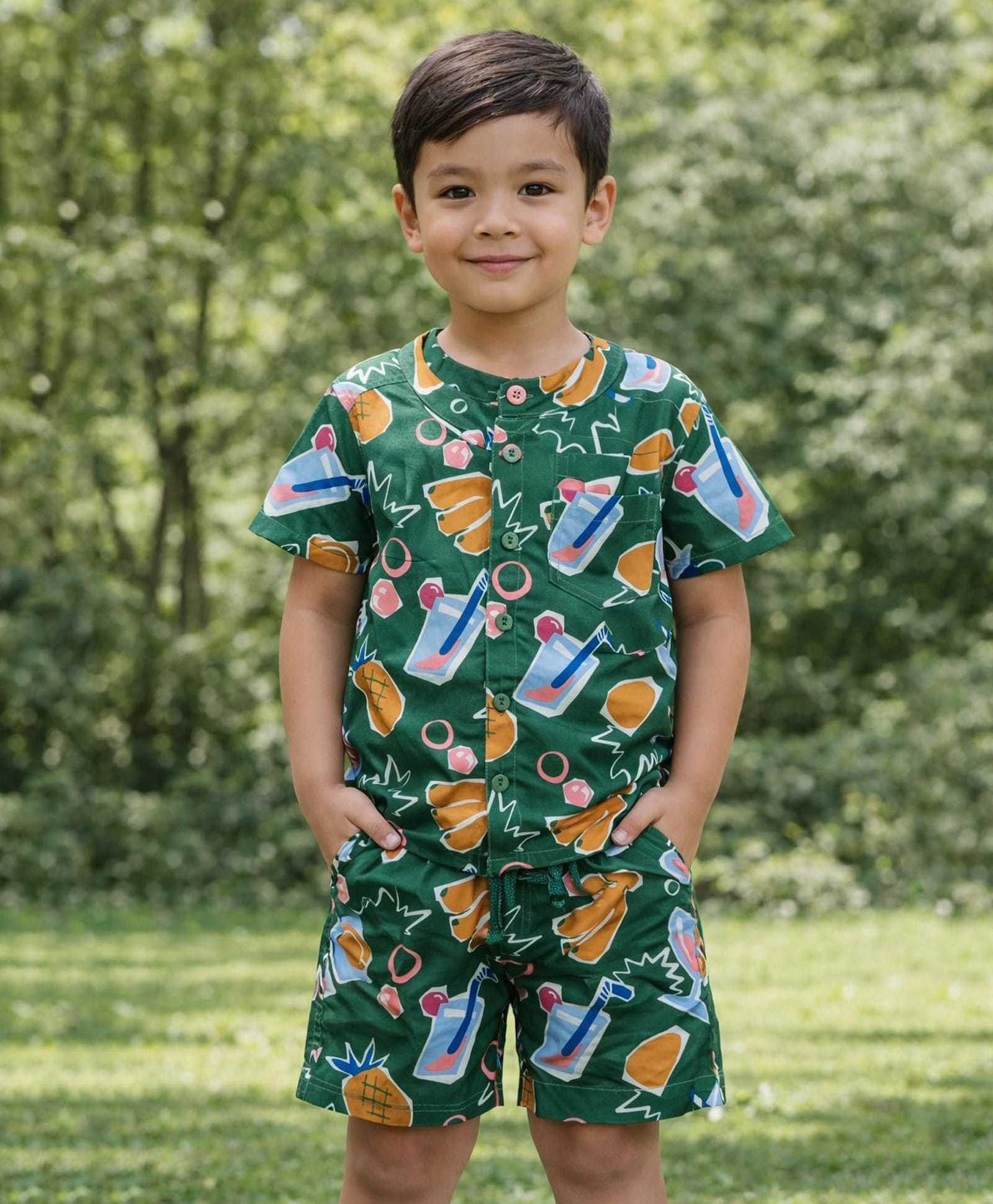 Nottie Planet Cotton Knit Half Sleeves Banana Printed Coordinating Shirt & Shorts Set - Multi Colour-picture-28