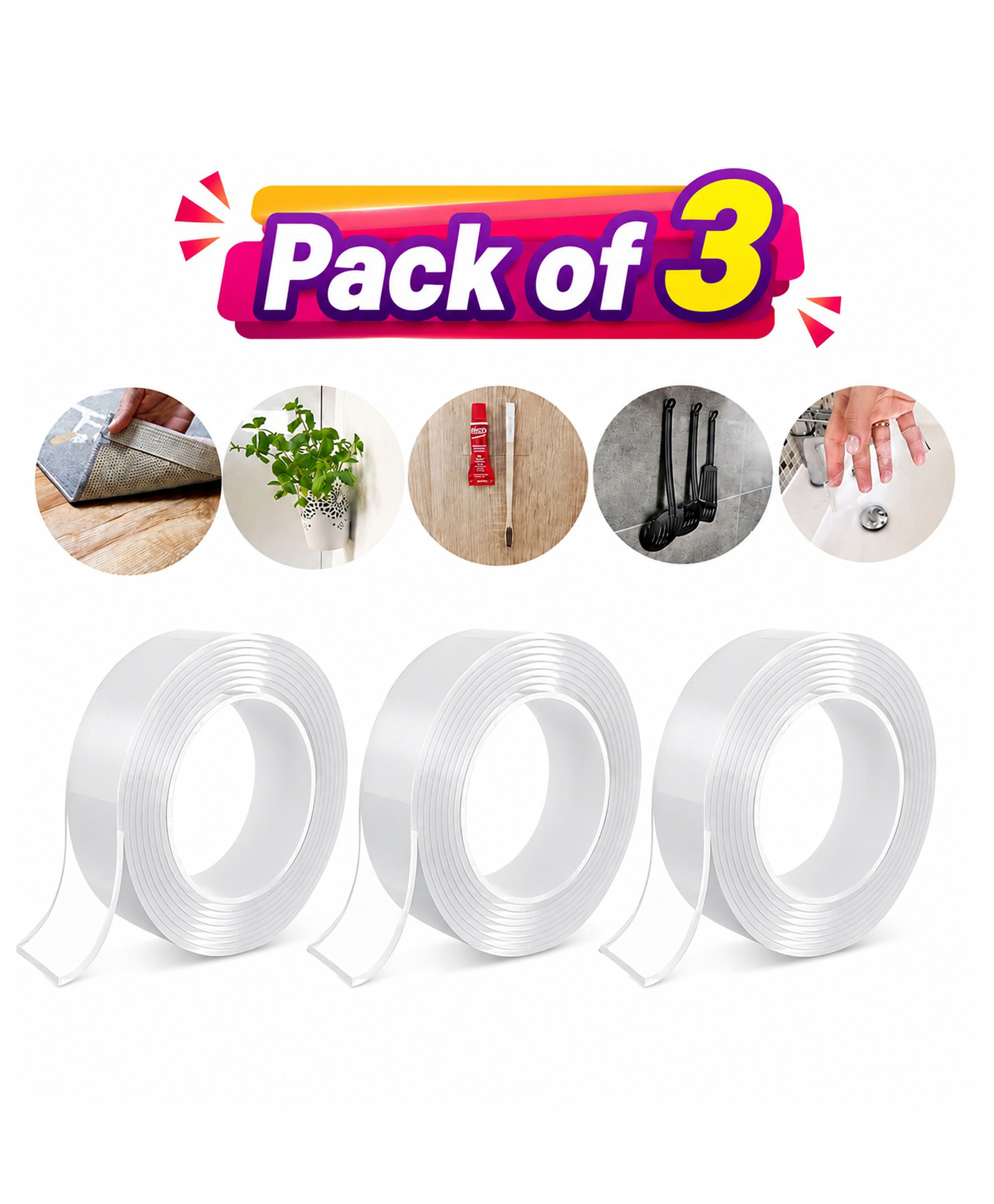 ADKD Transparent Double Sided Nano Tape Roll, Strong Reusable Gel Mounting Tape For Wall, Kitchen, Bathroom, Office, No Drill Adhesive Tape For Home Utility (Pack of 3)-image-48