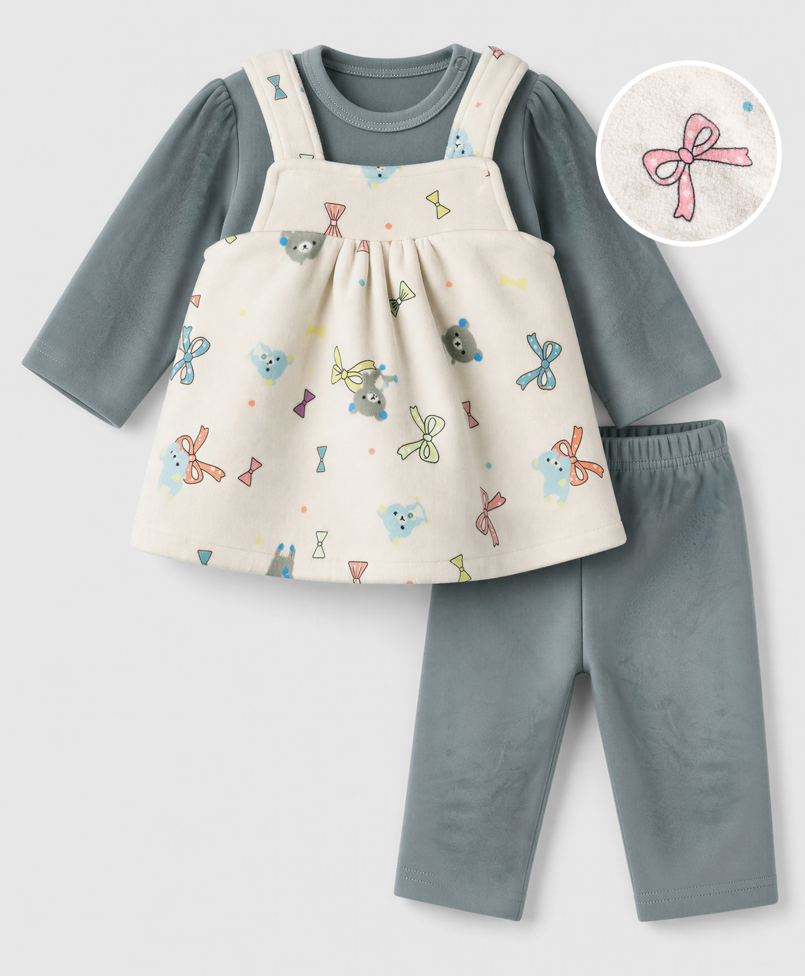 Mom's pet Fleece Knit Bows & Teddy Printed Winter Dress With Full Sleeves Solid Top & Leggings - Green-image-2