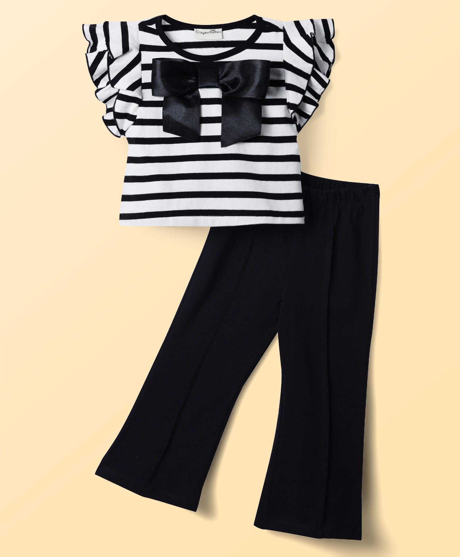 CrayonFlakes Cotton Knit Half Sleeves Striped Top & Pant Set - Black-picture-24