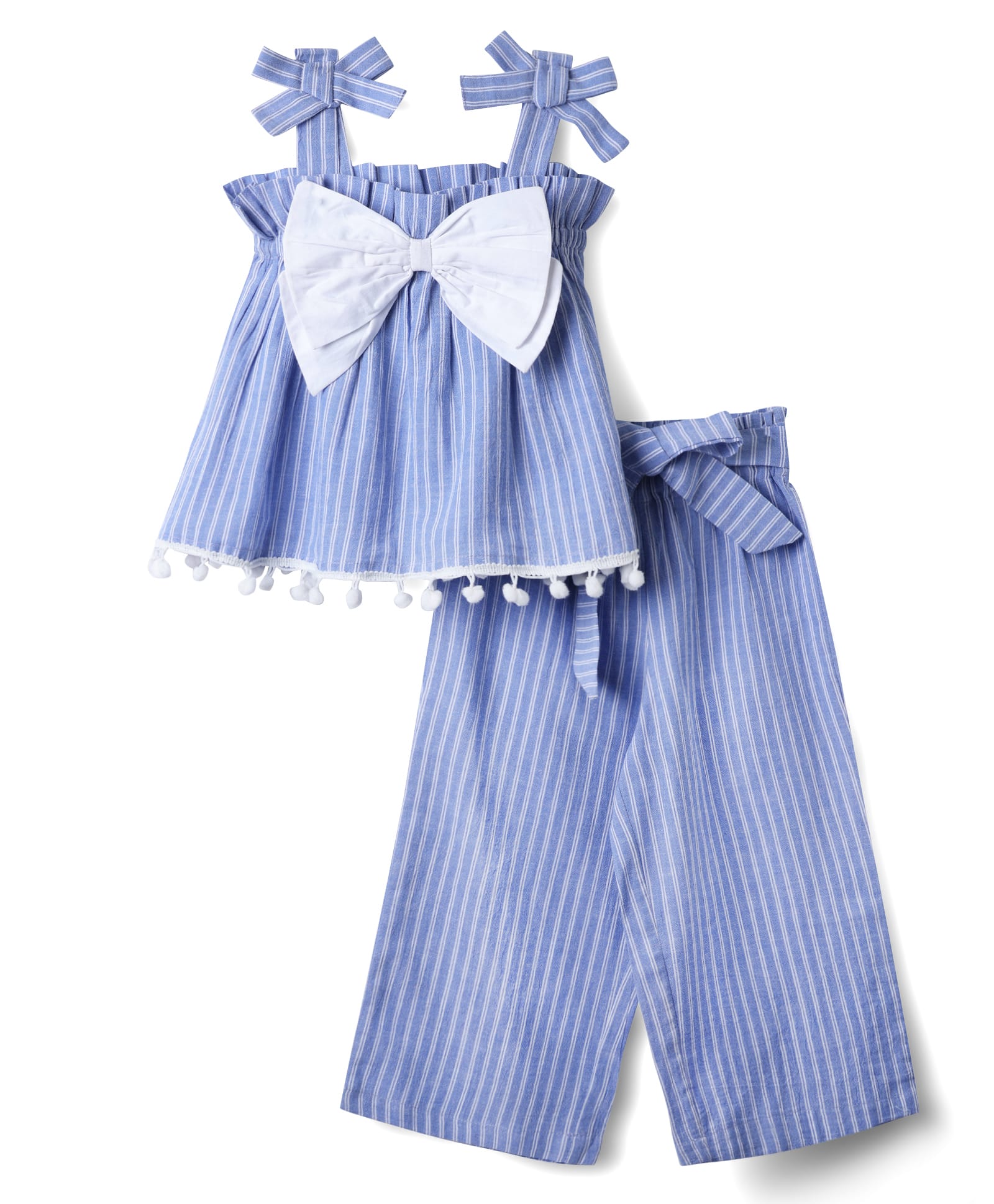 CrayonFlakes Rayon Knit Sleeveless Bow Applique Detailed Striped Coordinating Top & Pants Set - Blue-picture-18