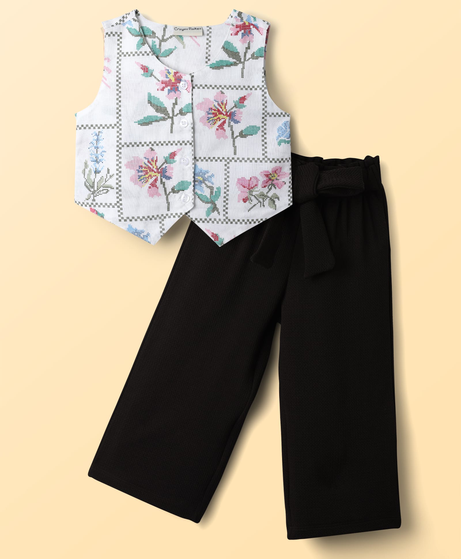 CrayonFlakes Rayon Woven Floral Printed Vest Style Top & Pants Set - Off White-picture-43