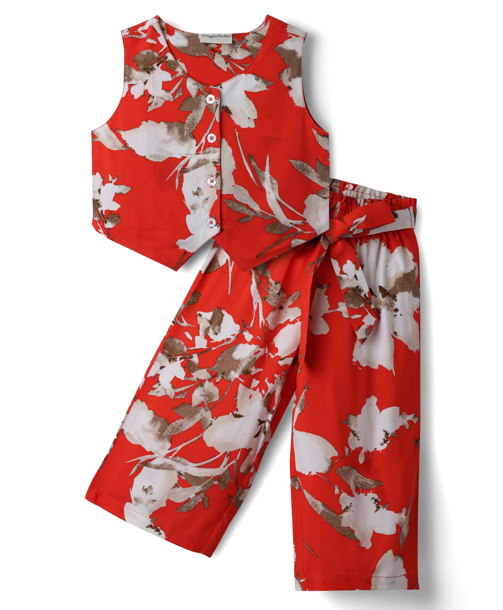 CrayonFlakes Rayon Woven Floral Printed Coordinating Top & Pants Set - Orange-image-40